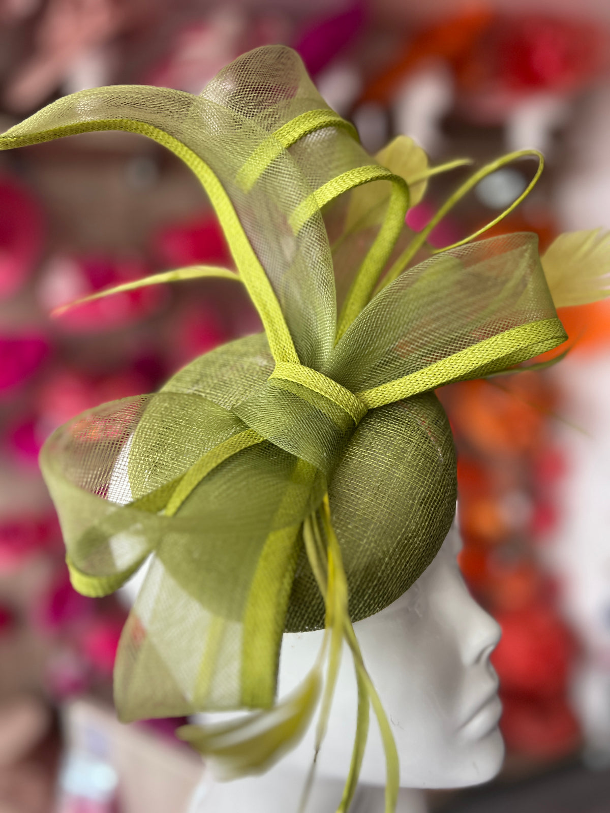 Olive Green Pill Box Bow Feather Fascinator-Fascinators Direct