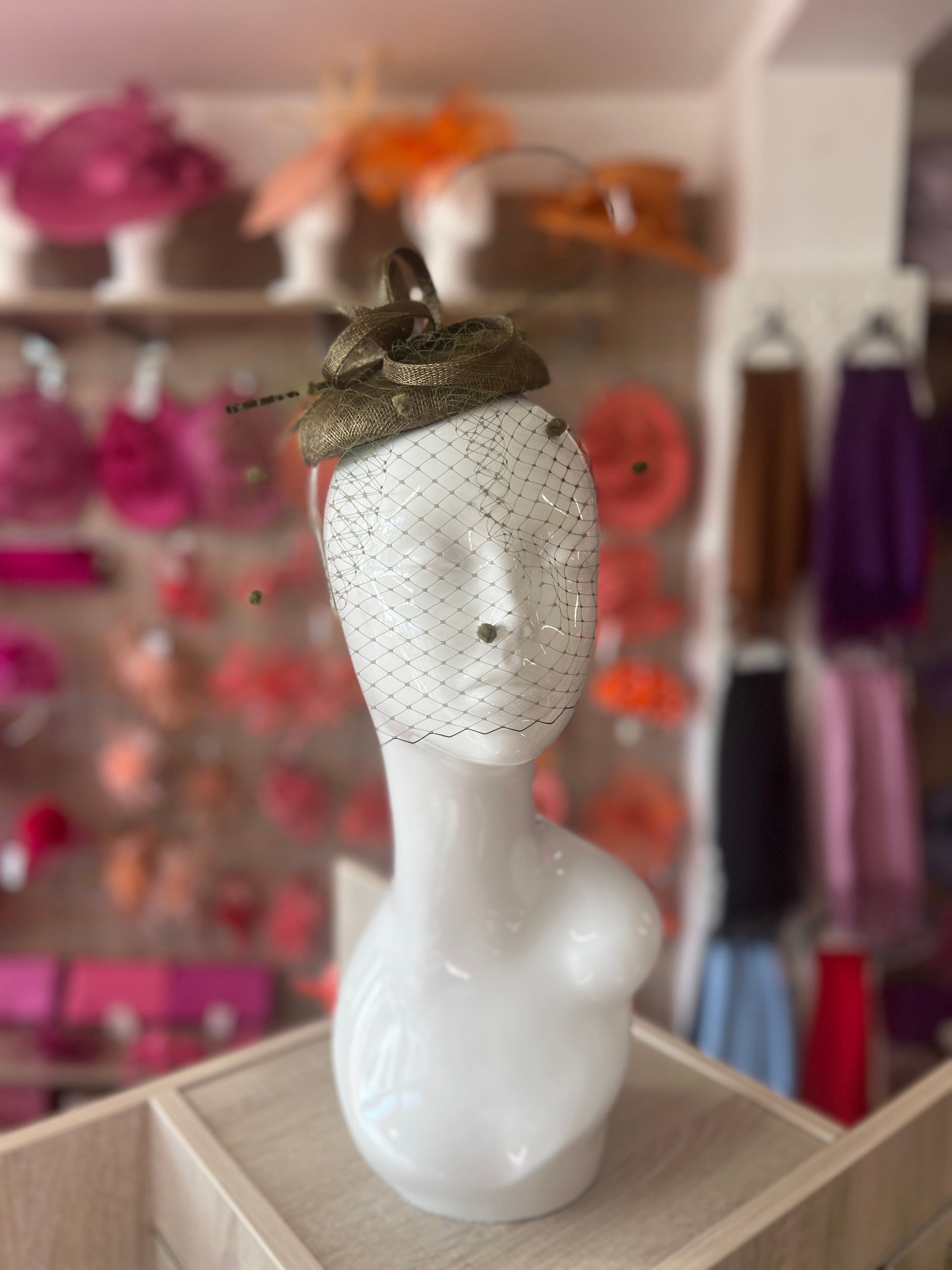 Olive Pillbox Hat with Veil & Curled Quill-Fascinators Direct