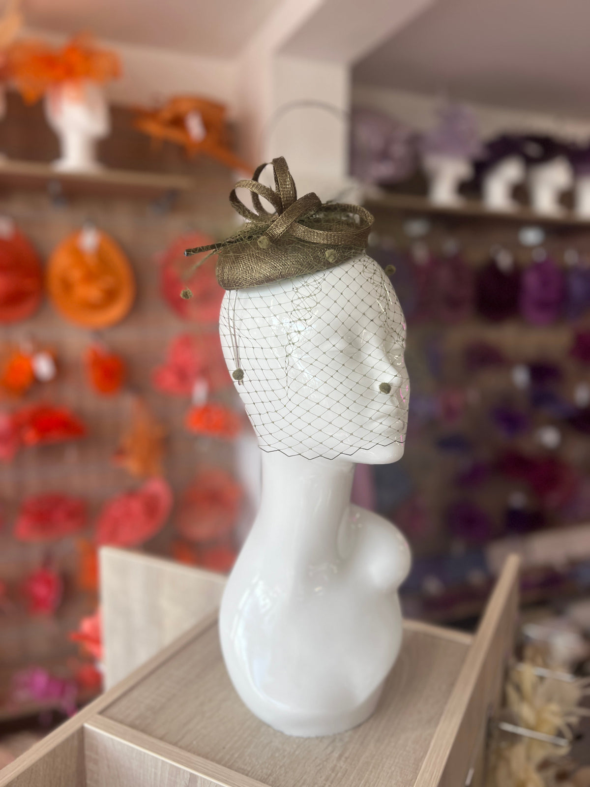 Olive Pillbox Hat with Veil &amp; Curled Quill-Fascinators Direct