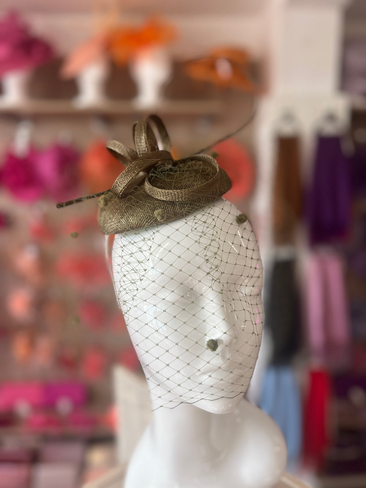 Olive Pillbox Hat with Veil &amp; Curled Quill-Fascinators Direct
