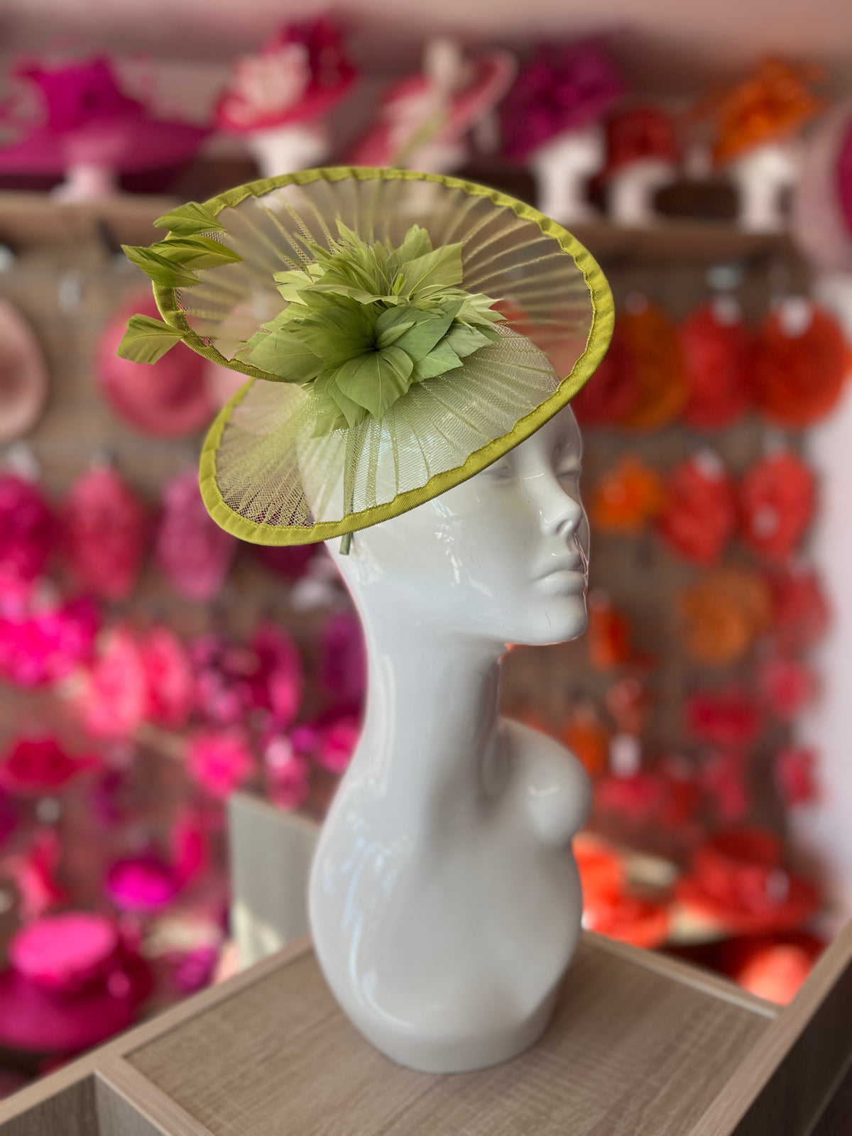 Olive Pleated Spiral Fascinator With Feather Flower-Fascinators Direct