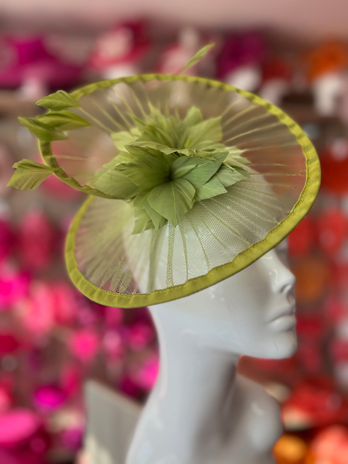 Olive Pleated Spiral Fascinator With Feather Flower-Fascinators Direct