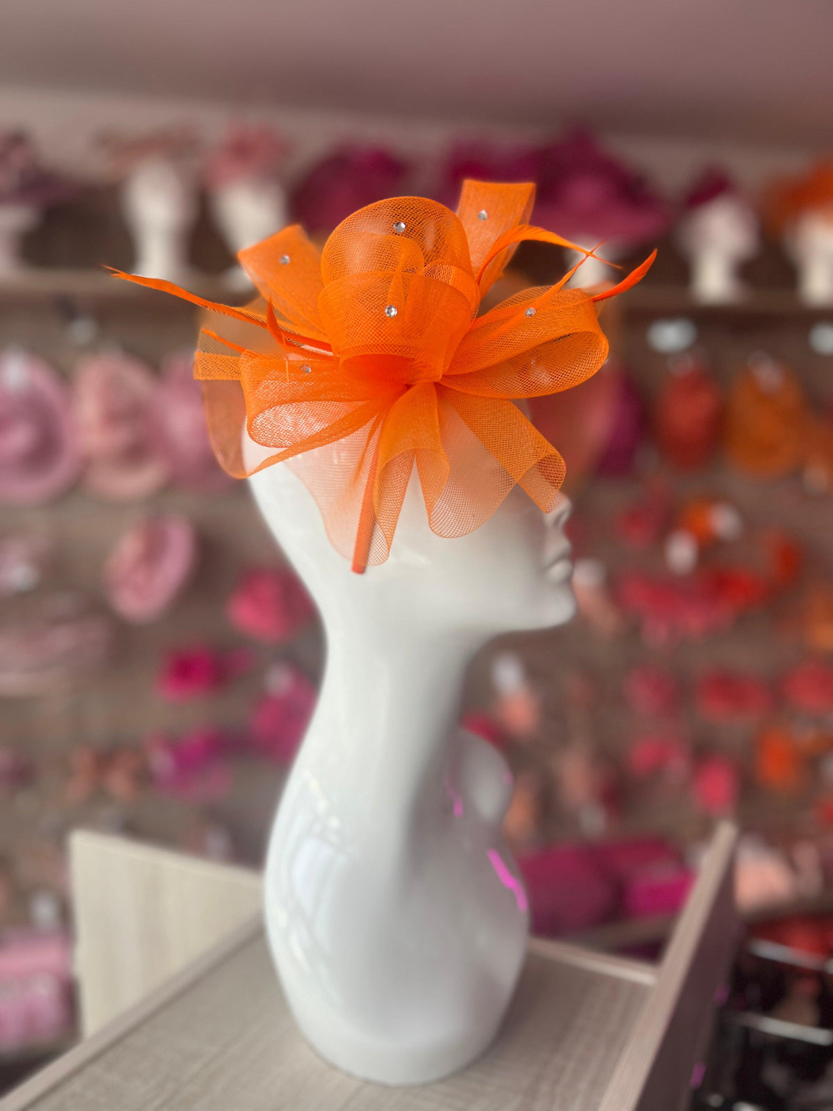 Orange Diamante Fascinator With Ruched Crinoline &amp; Feathers-Fascinators Direct