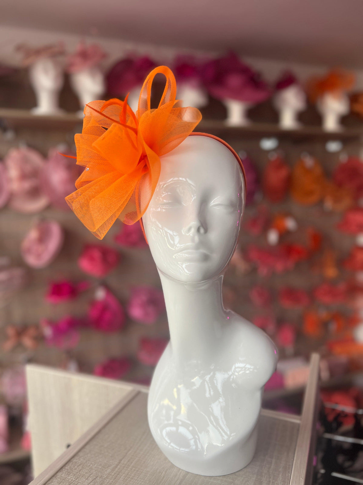 Orange Diamante Fascinator With Ruched Crinoline &amp; Feathers-Fascinators Direct