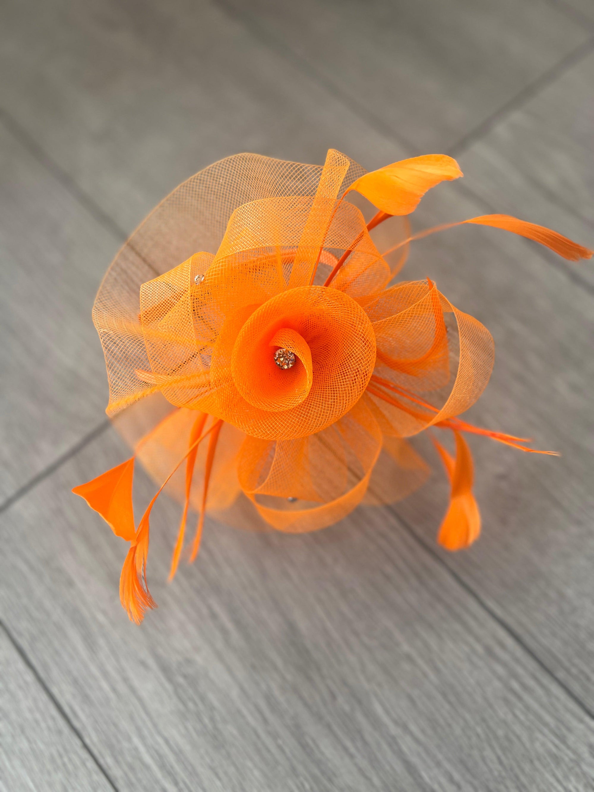 Orange Diamante Flower Fascinator With Feathers-Fascinators Direct