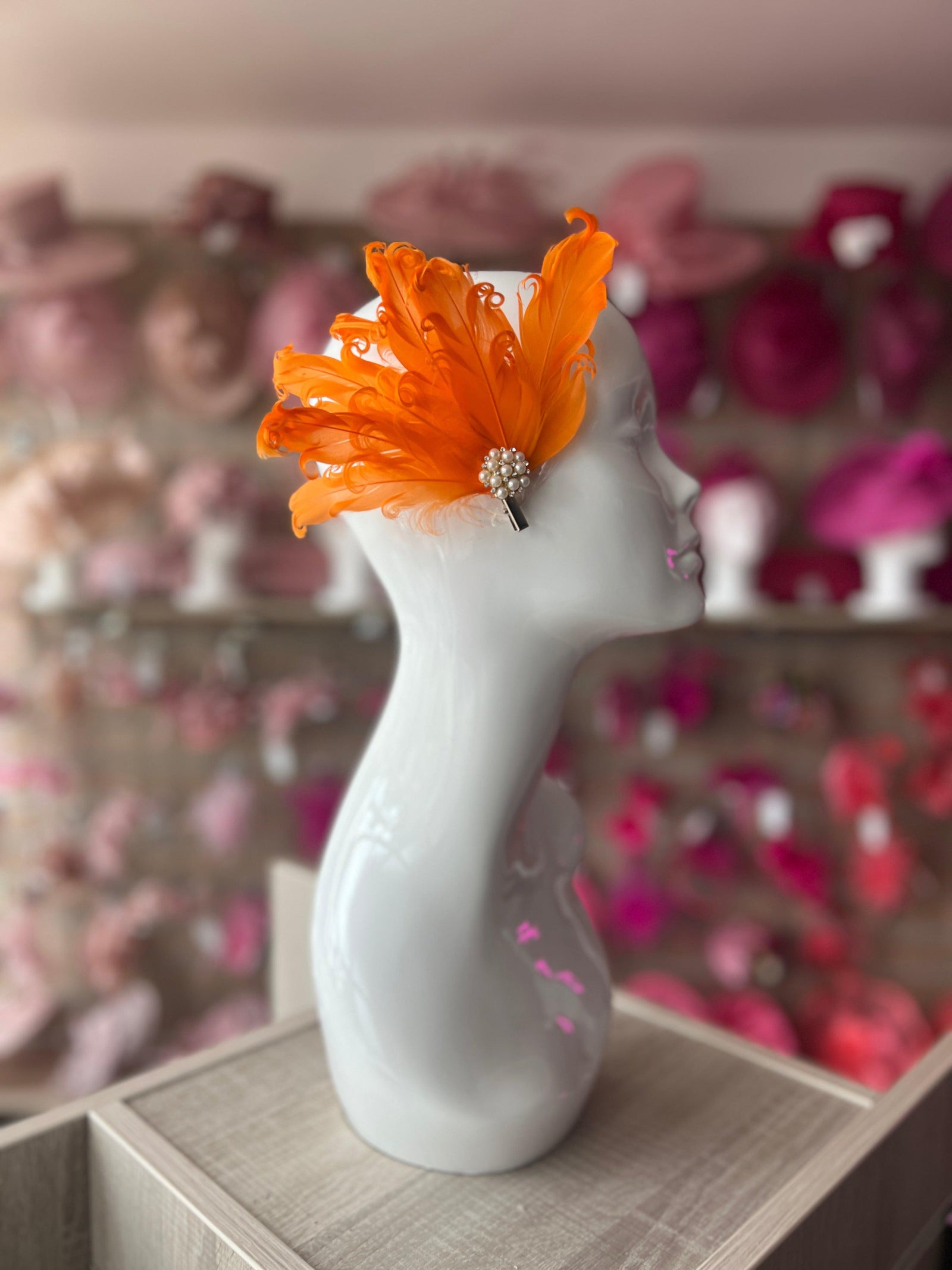 Orange Fascinator Clip with Vintage Feathers & Pearls-Fascinators Direct
