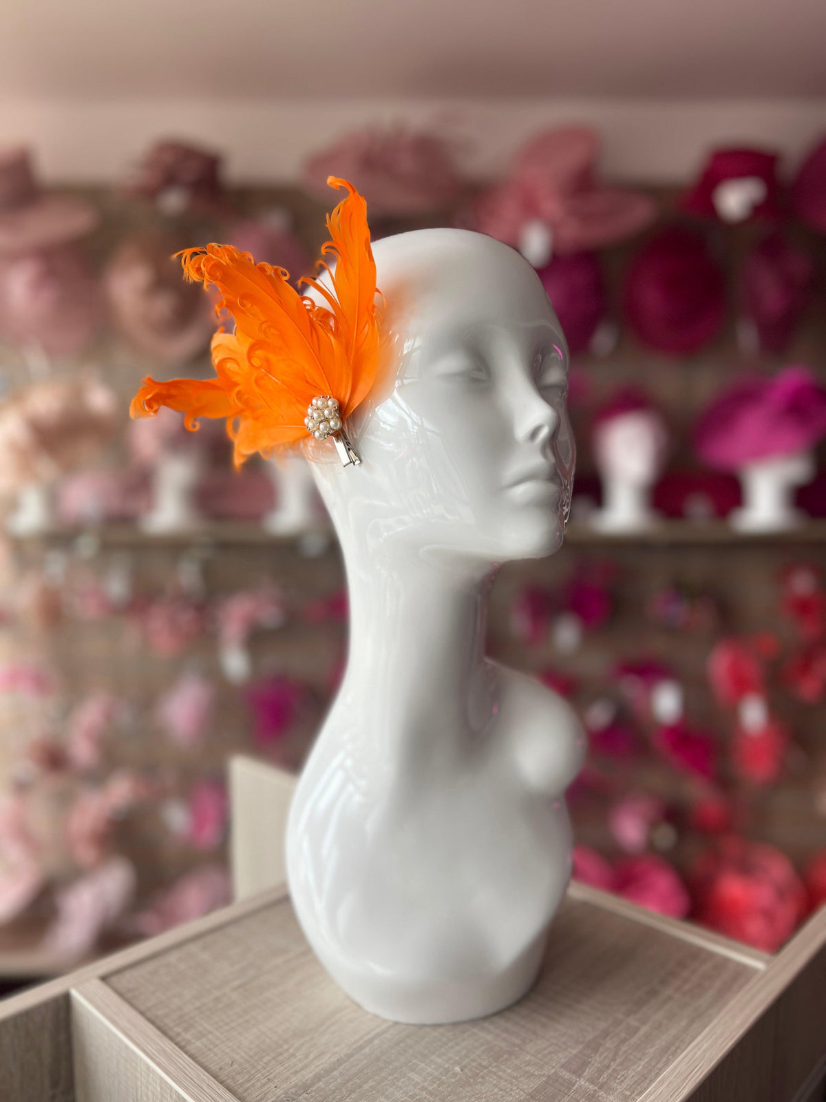 Orange Fascinator Clip with Vintage Feathers &amp; Pearls-Fascinators Direct