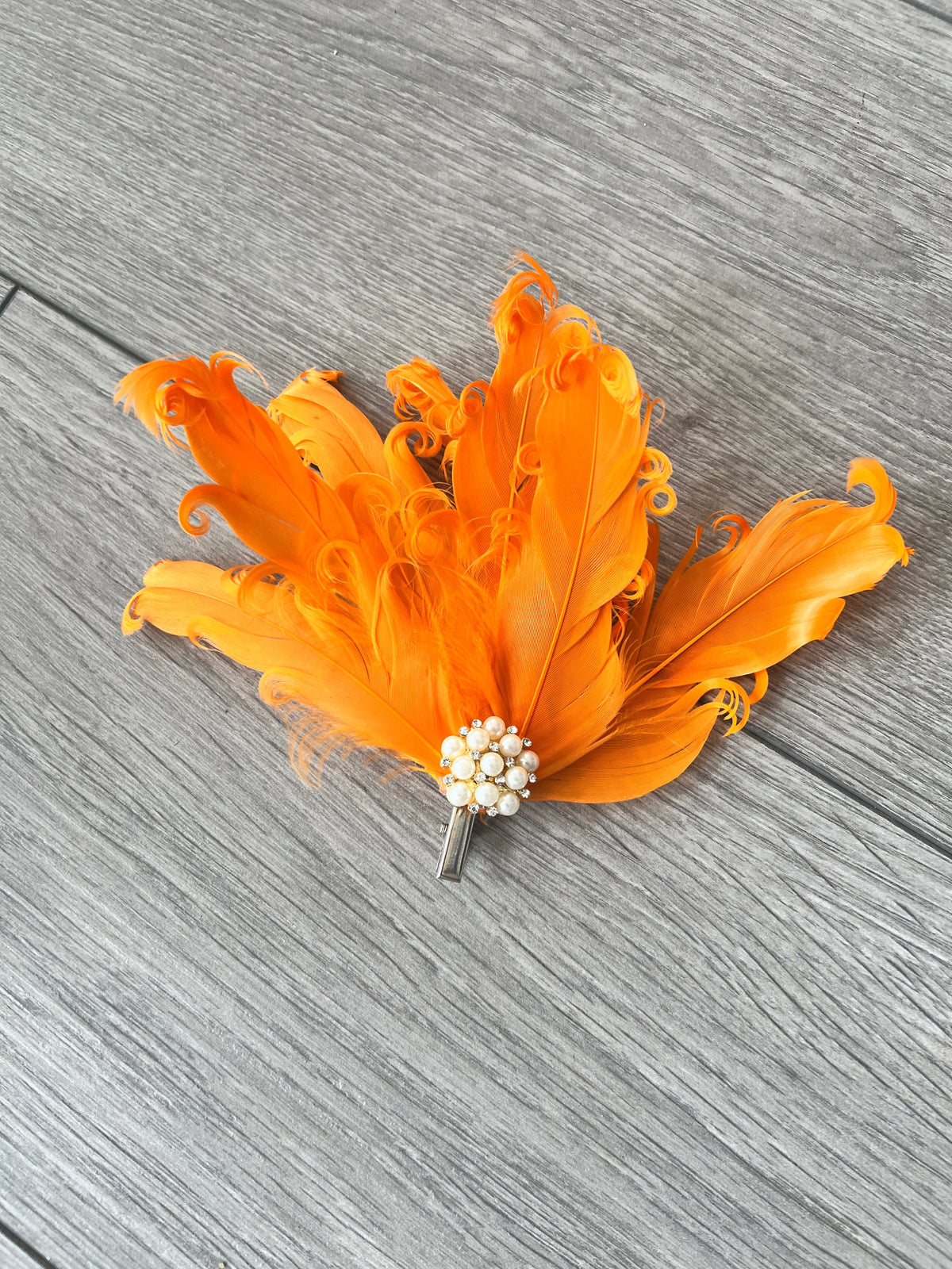 Orange Fascinator Clip with Vintage Feathers &amp; Pearls-Fascinators Direct