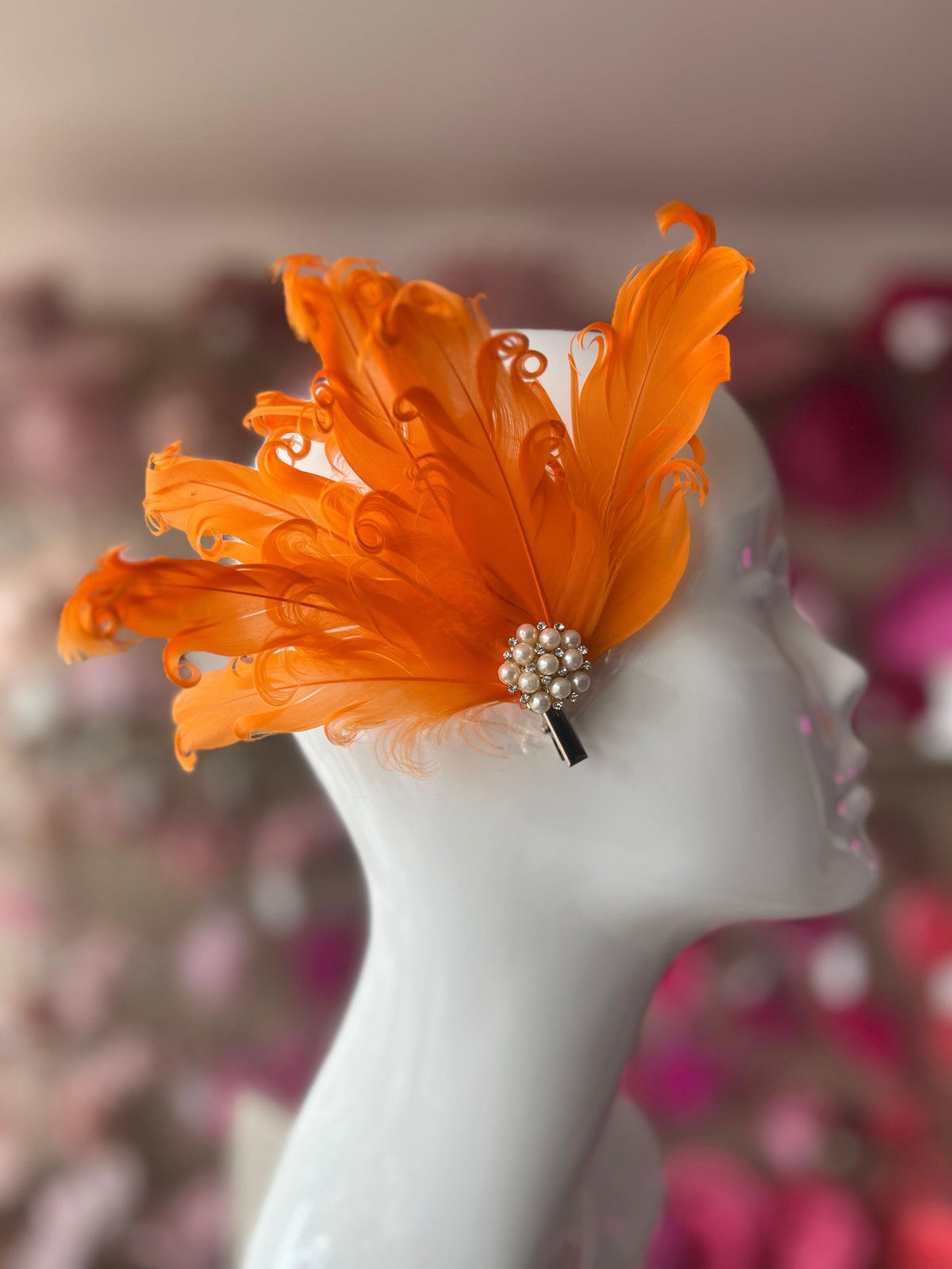 Orange Fascinator Clip with Vintage Feathers &amp; Pearls-Fascinators Direct