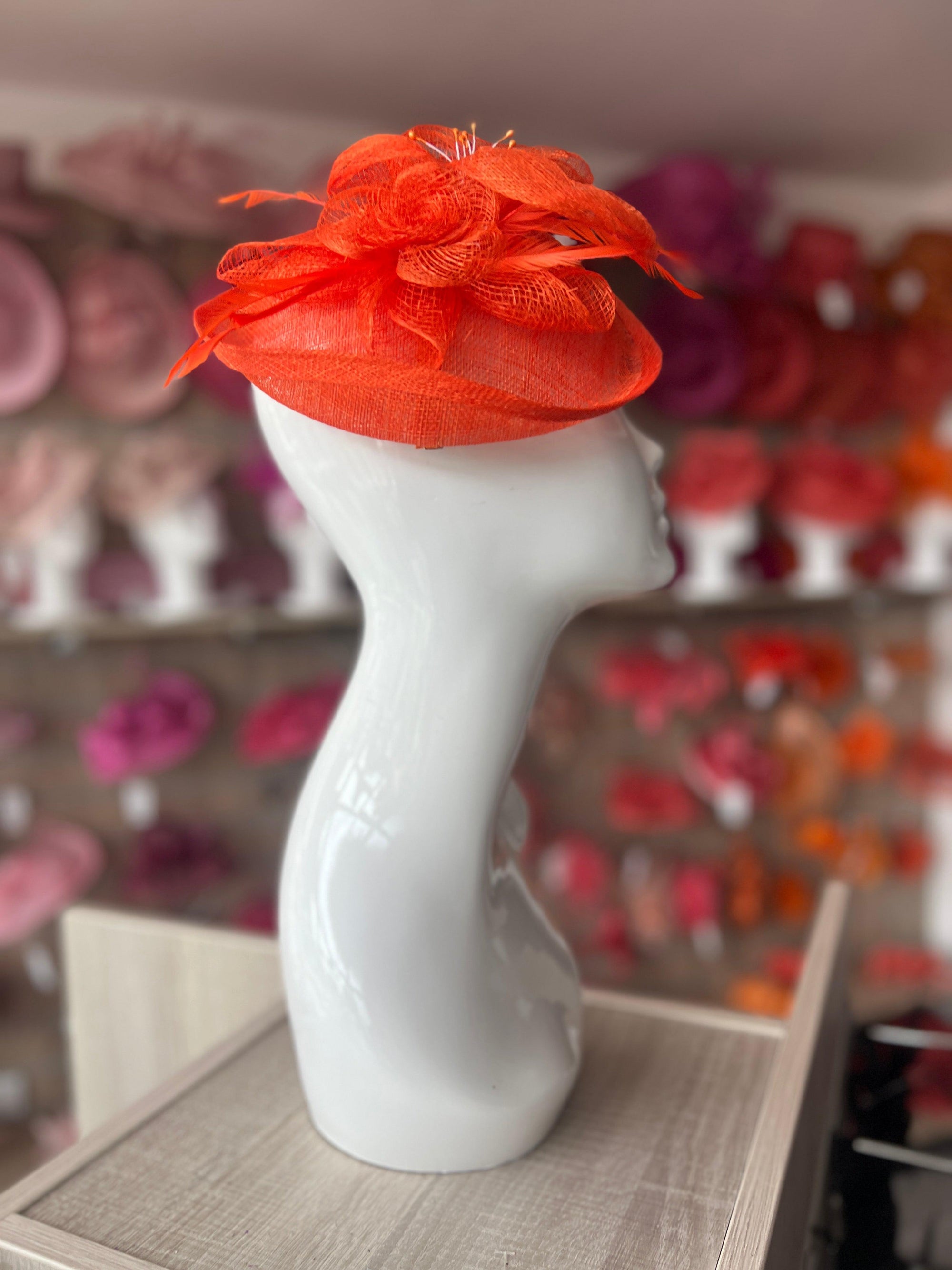 Orange Fascinator Hat with Mesh Flower & Feathers-Fascinators Direct