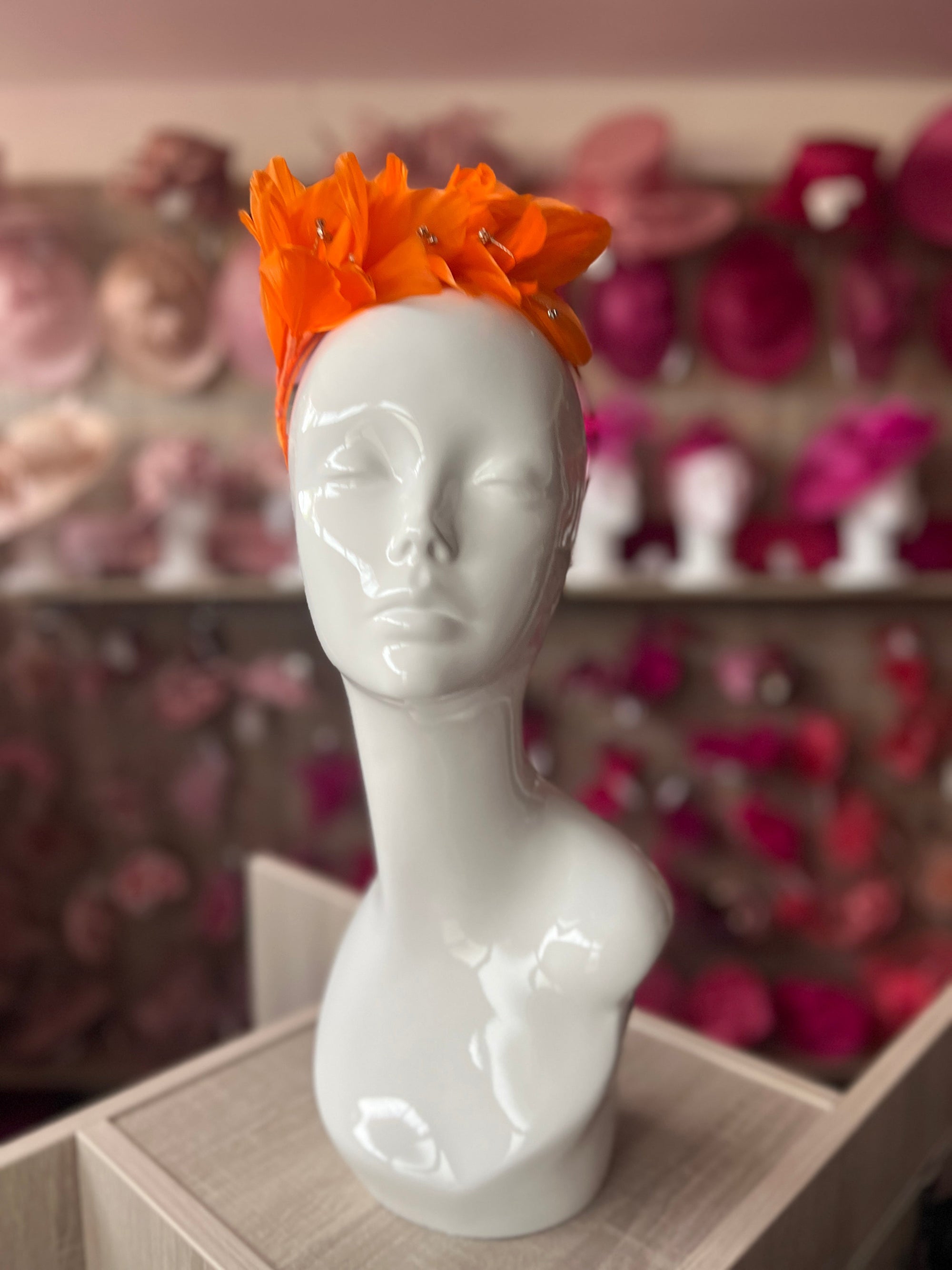Orange Fascinator Headband with Feather Petals & Diamanté-Fascinators Direct