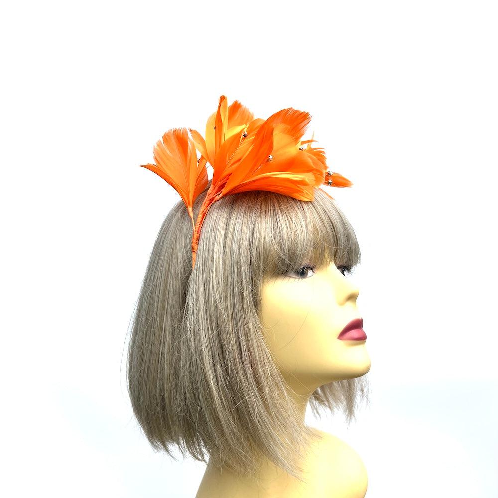 Orange Fascinator Headband with Feather Petals & Diamanté-Fascinators Direct