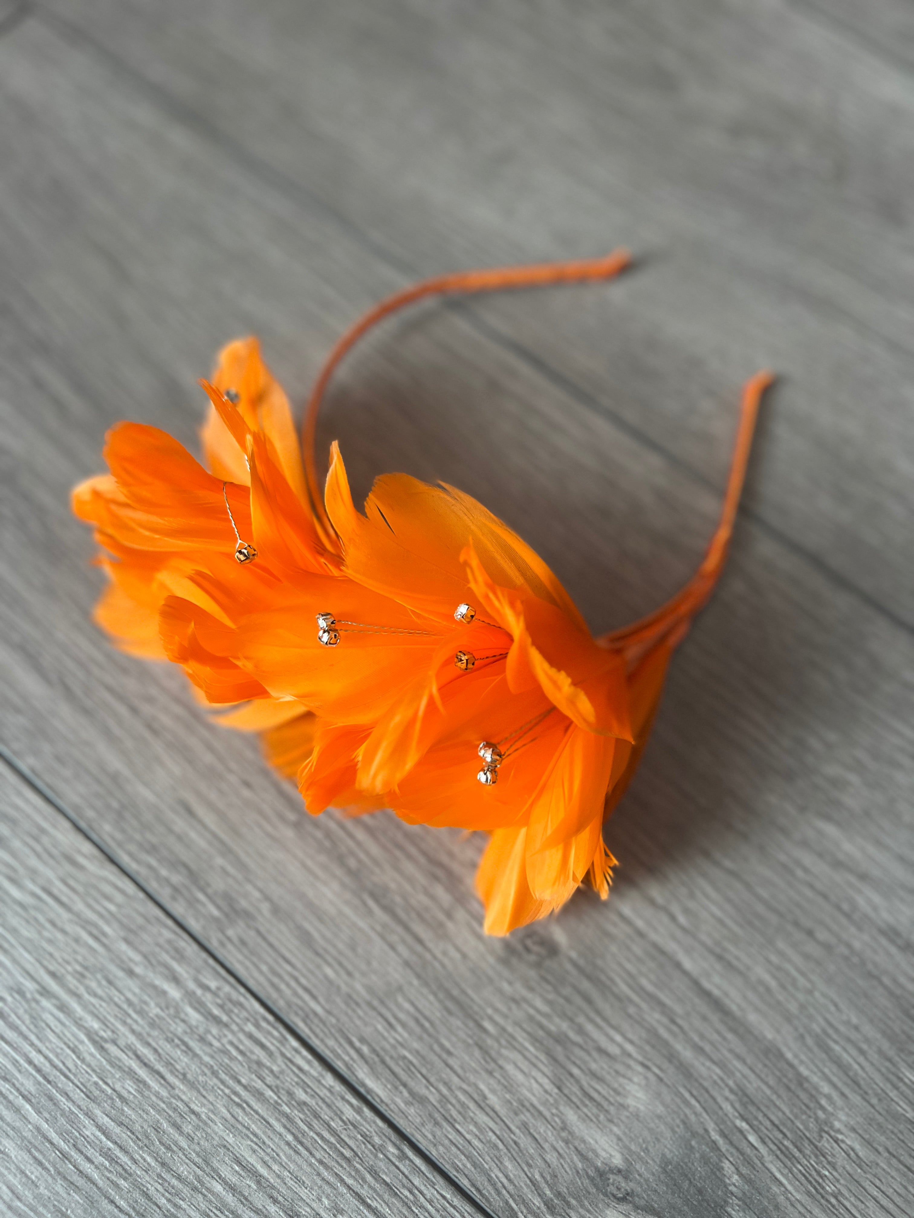 Orange Fascinator Headband with Feather Petals & Diamanté display picture 2