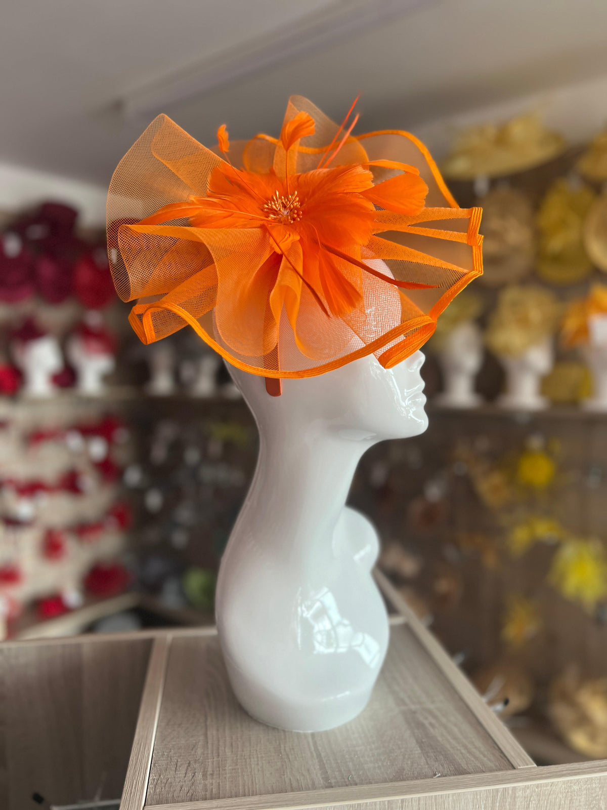 Orange Large Fascinator with Ruched Crinoline &amp; Flower-Fascinators Direct