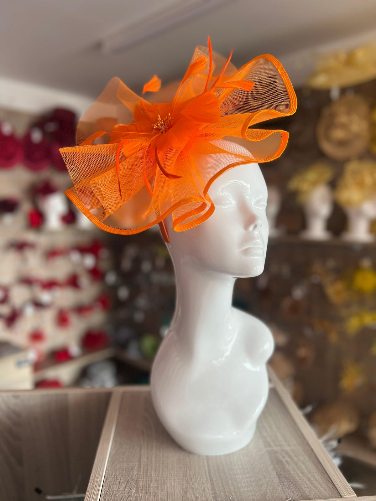 Orange Large Fascinator with Ruched Crinoline &amp; Flower-Fascinators Direct