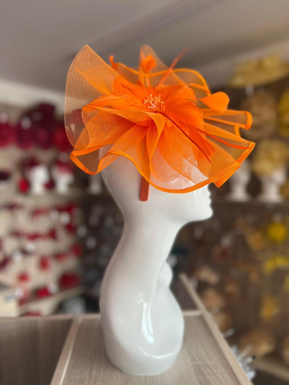 Orange Large Fascinator with Ruched Crinoline &amp; Flower-Fascinators Direct