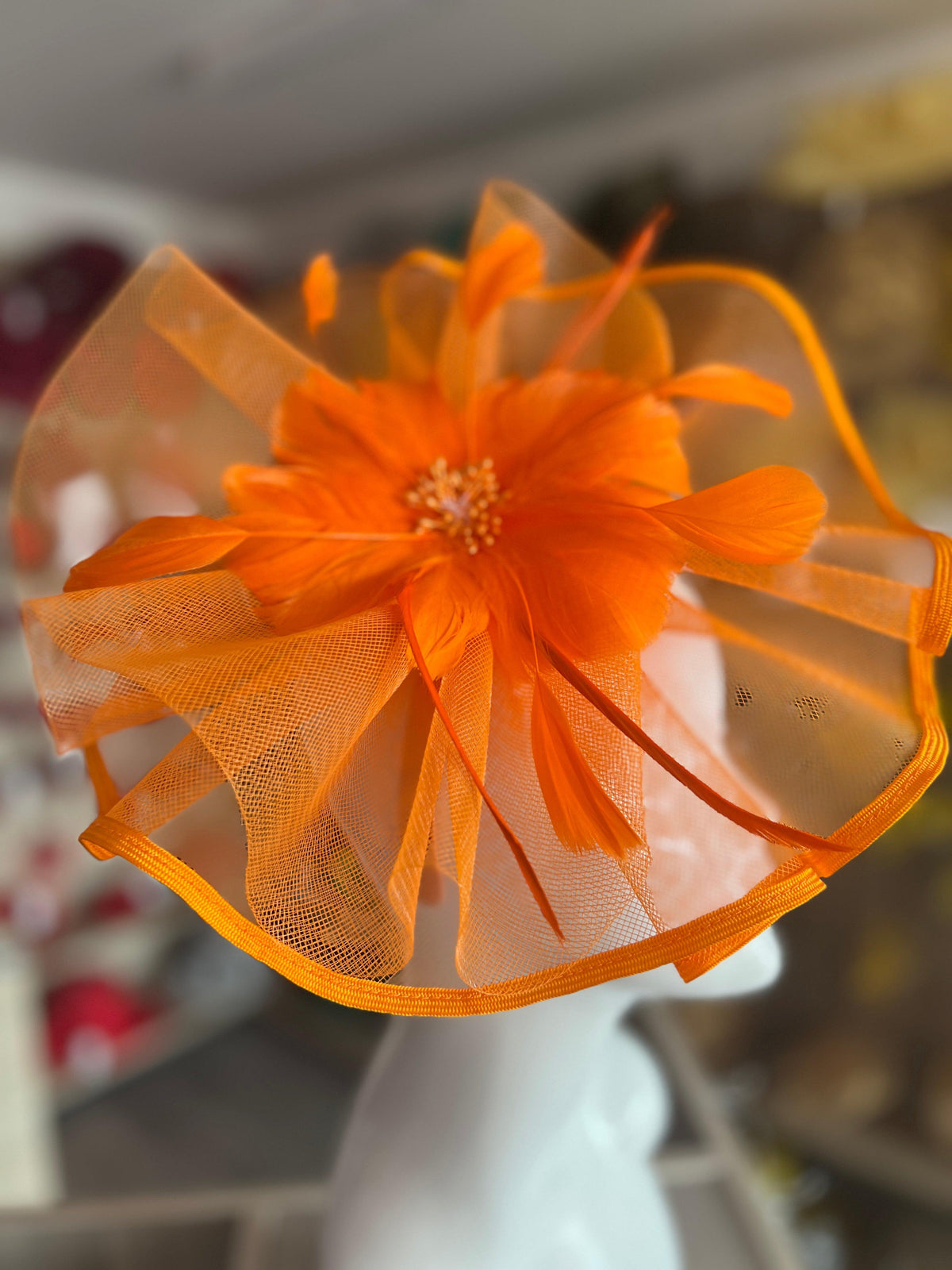 Orange Large Fascinator with Ruched Crinoline &amp; Flower-Fascinators Direct