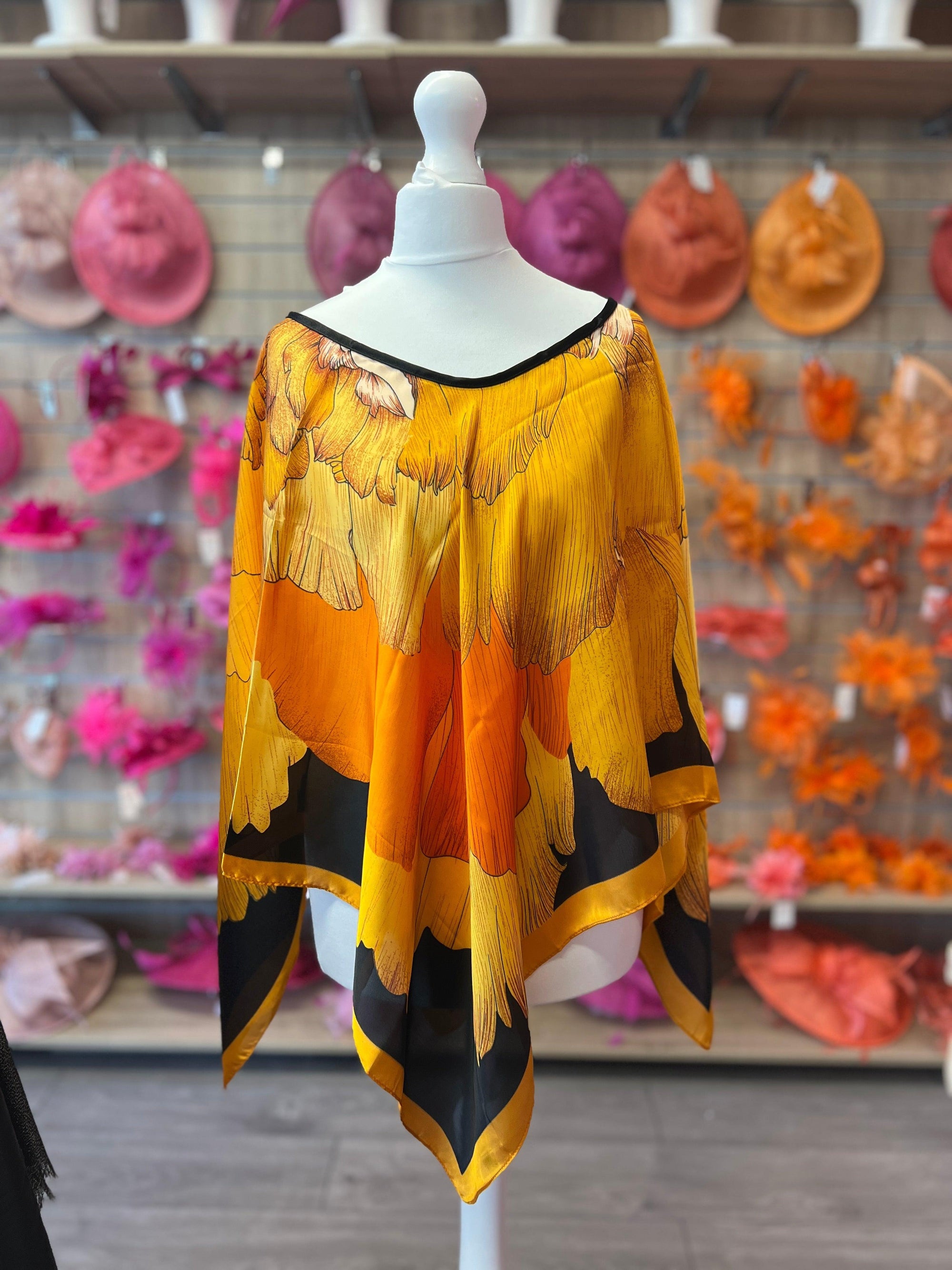 Orange Patterned Silk Summer Poncho-Fascinators Direct