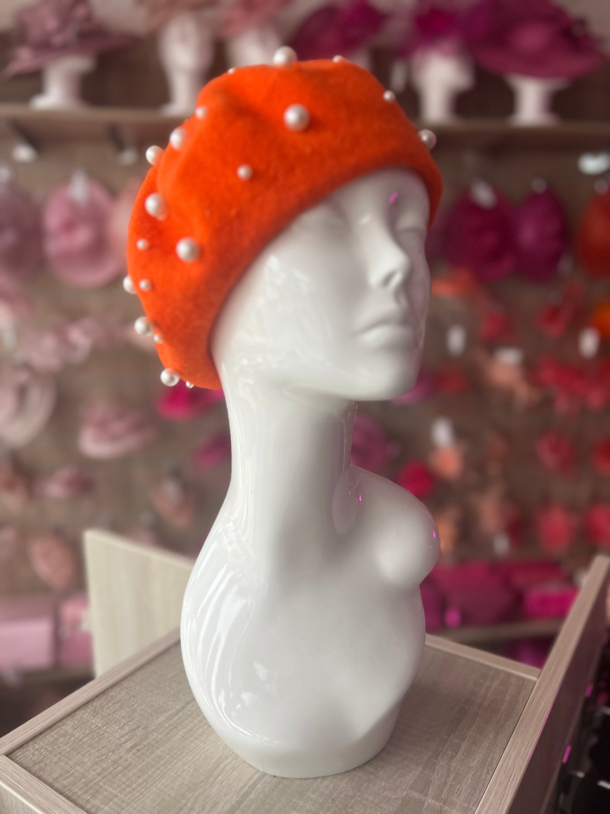 Orange Pearl Embellished Beret Hat-Fascinators Direct