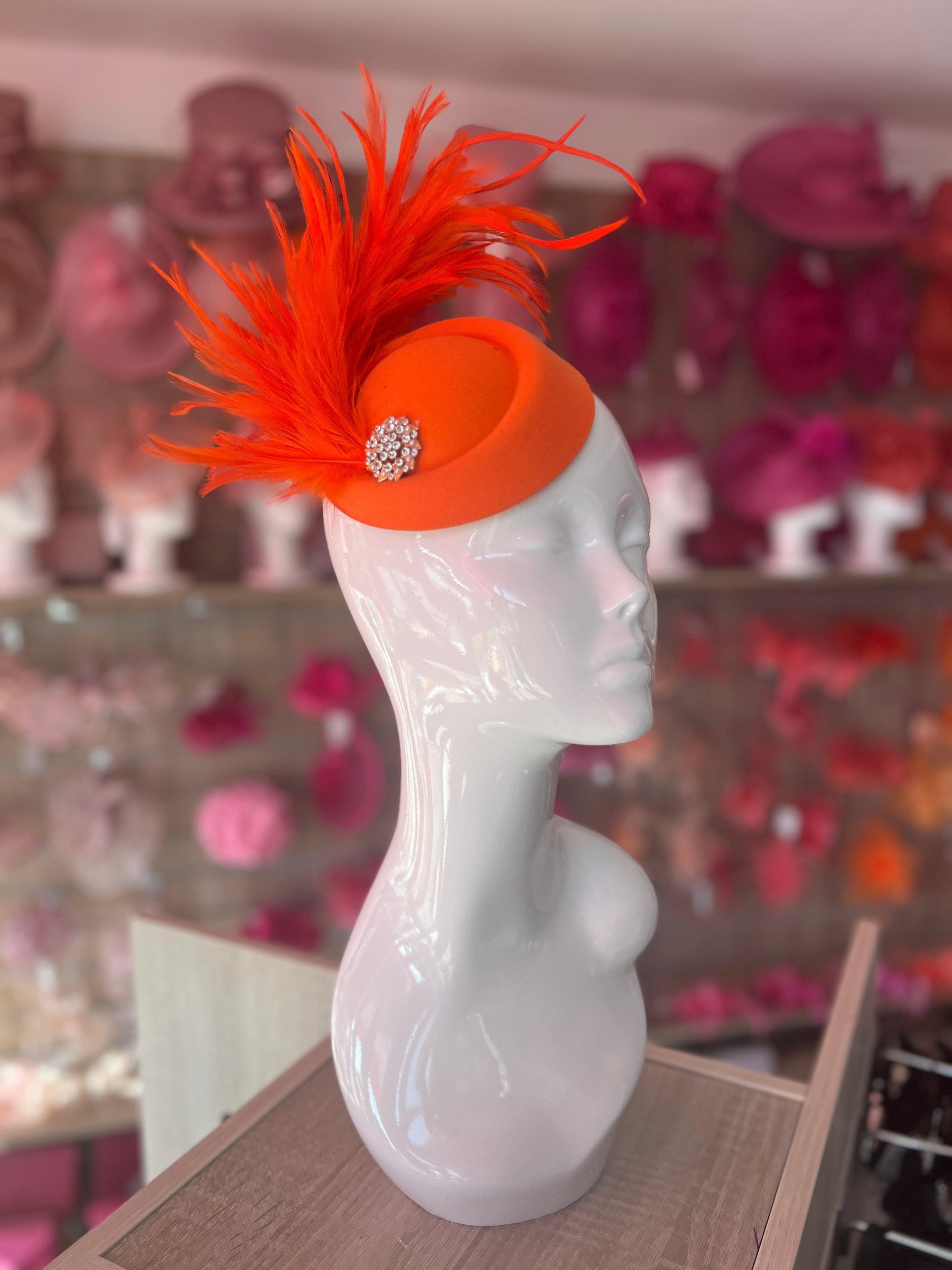 Orange Pill Box Fascinator With Curled Feathers & Diamante Embellishment-Fascinators Direct