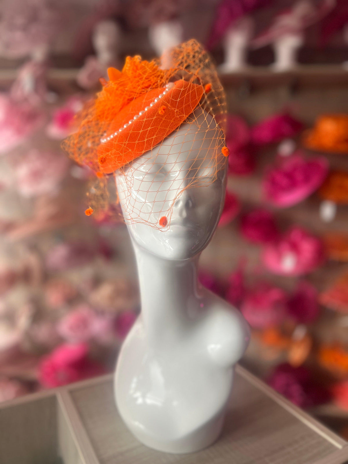 Orange Pillbox Hat With Flower,Veil &amp; Pearls-Fascinators Direct