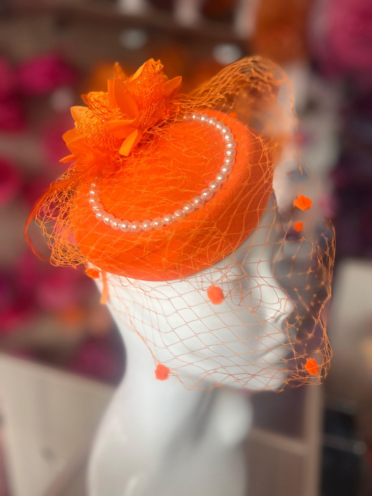 Orange Pillbox Hat With Flower,Veil &amp; Pearls-Fascinators Direct