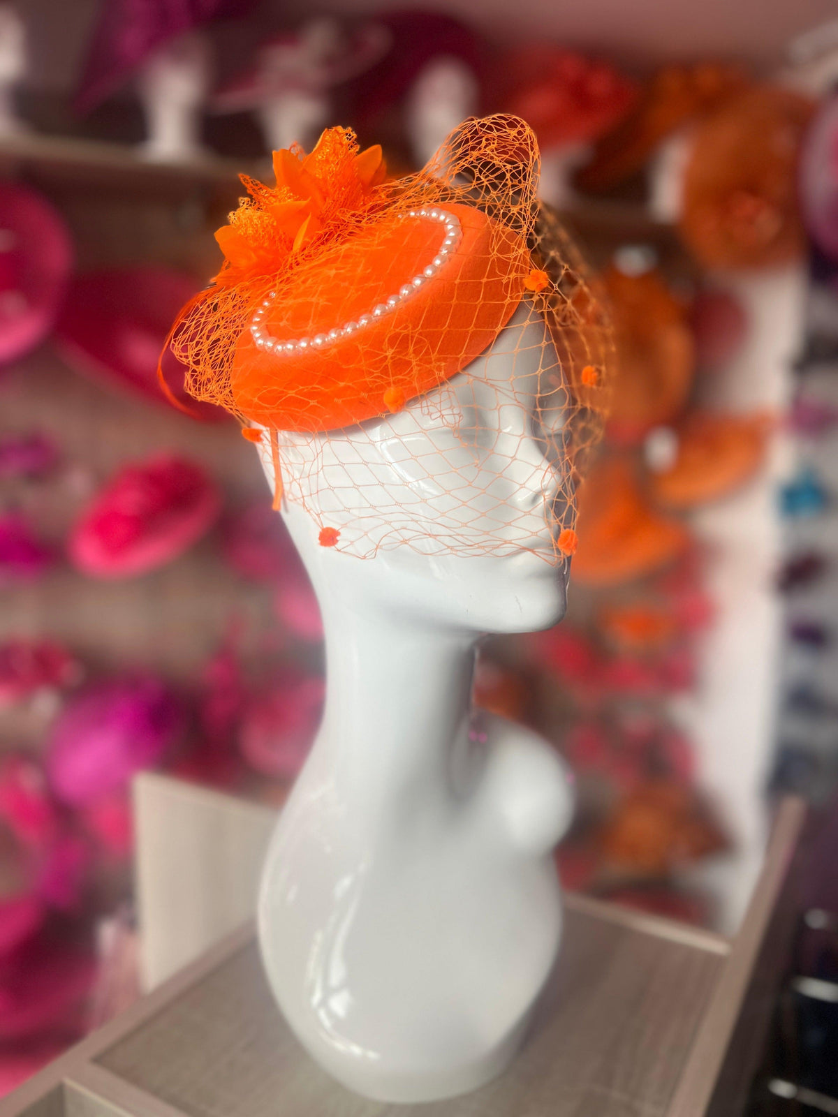 Orange Pillbox Hat With Flower,Veil &amp; Pearls-Fascinators Direct