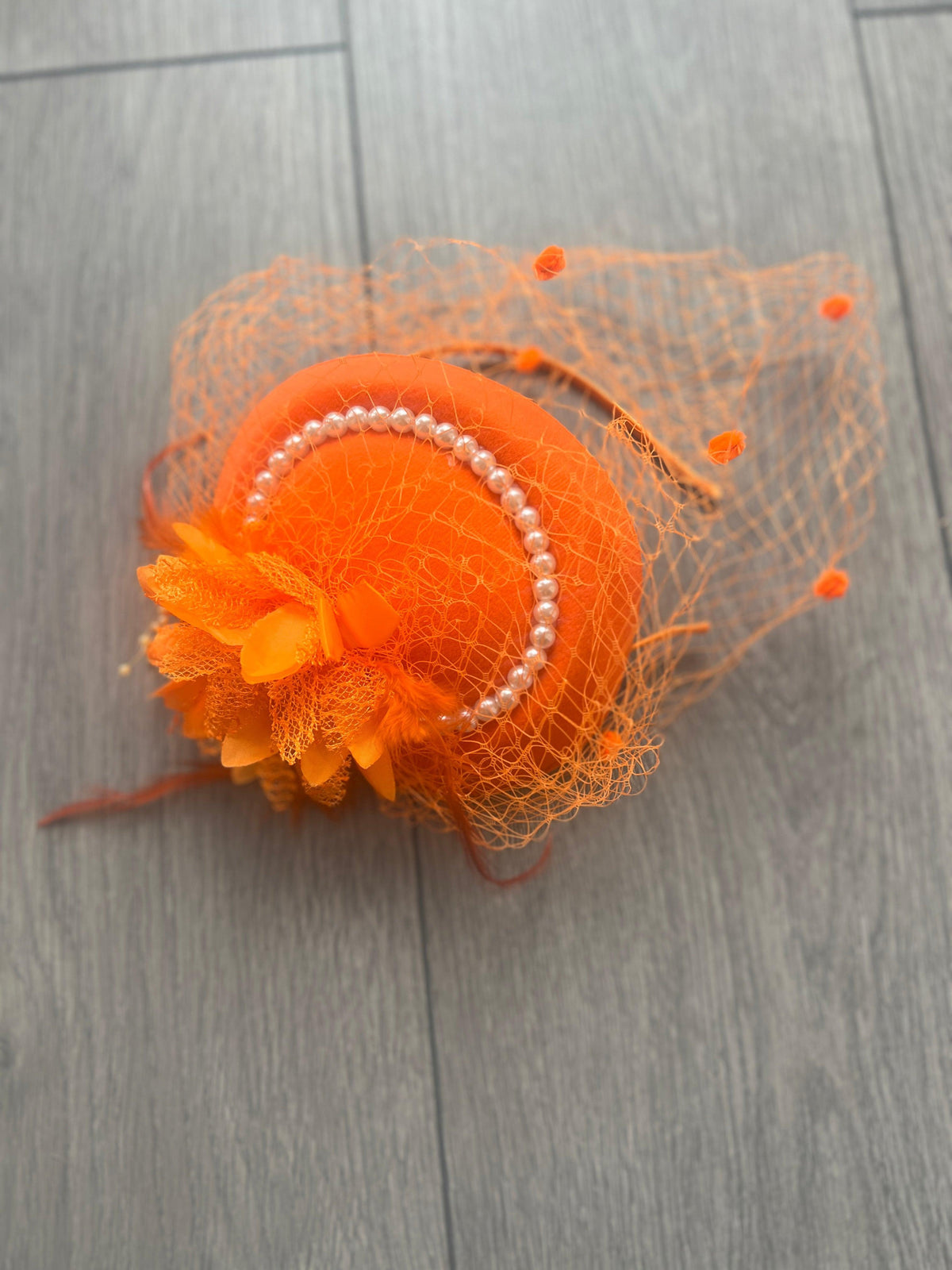 Orange Pillbox Hat With Flower,Veil &amp; Pearls-Fascinators Direct