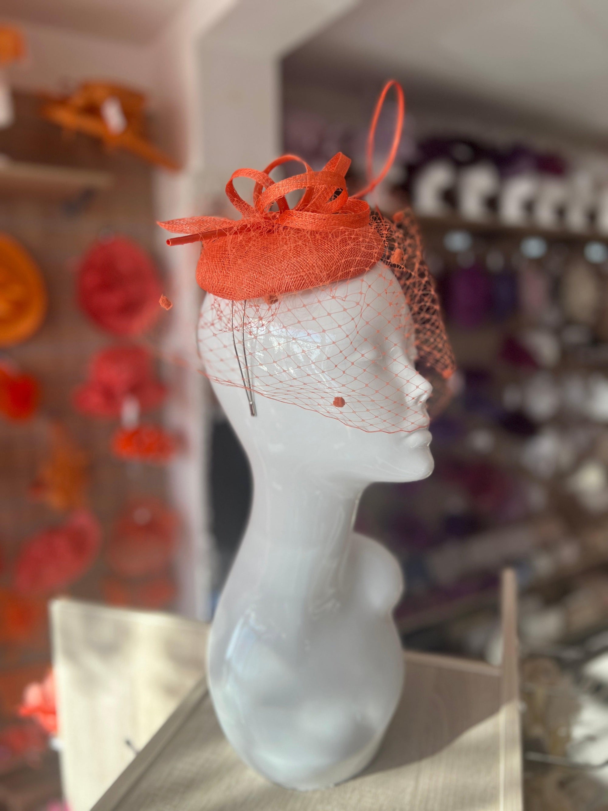 Orange Pillbox Hat with Veil & Curled Quill-Fascinators Direct