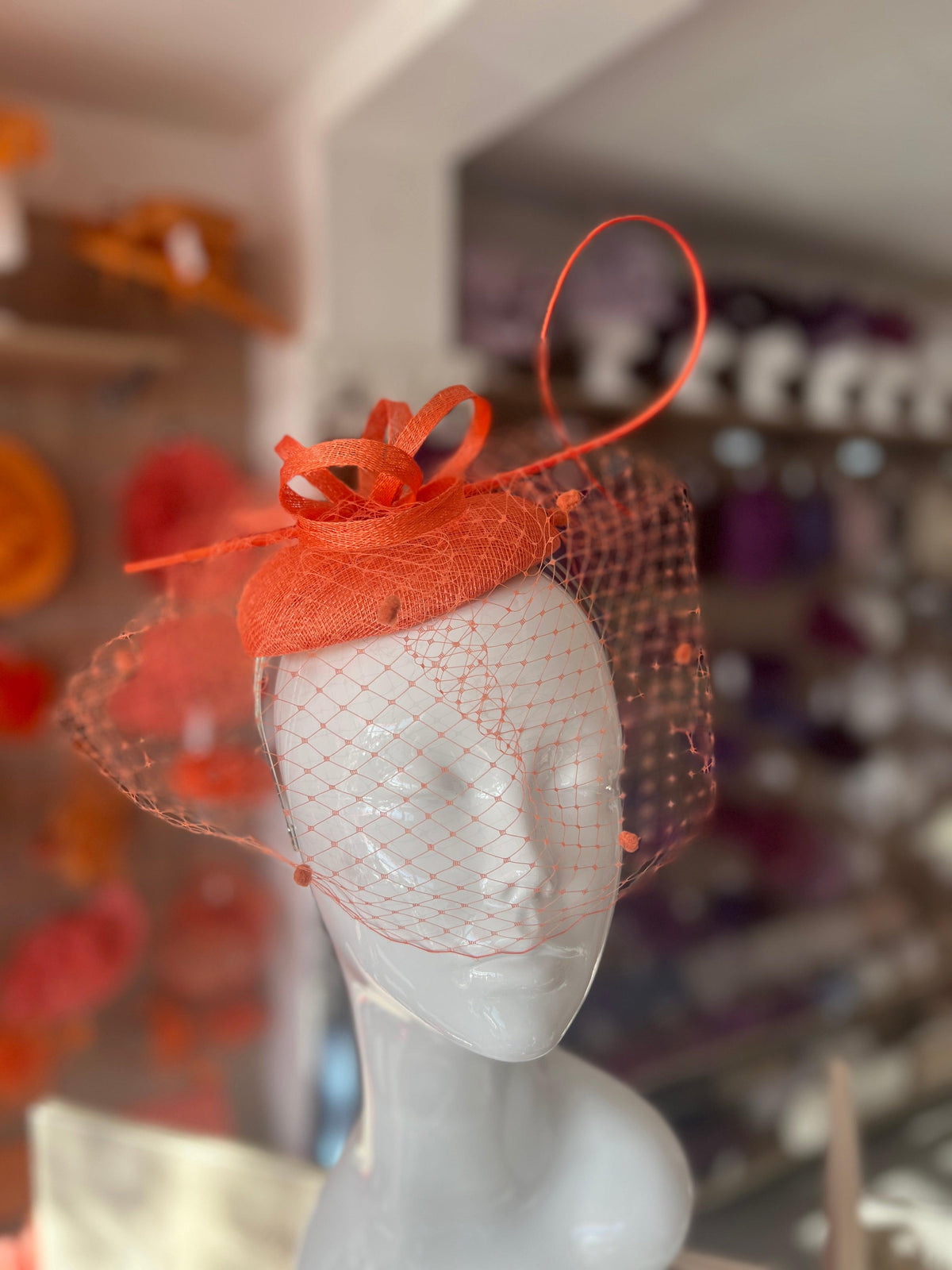 Orange Pillbox Hat with Veil &amp; Curled Quill-Fascinators Direct