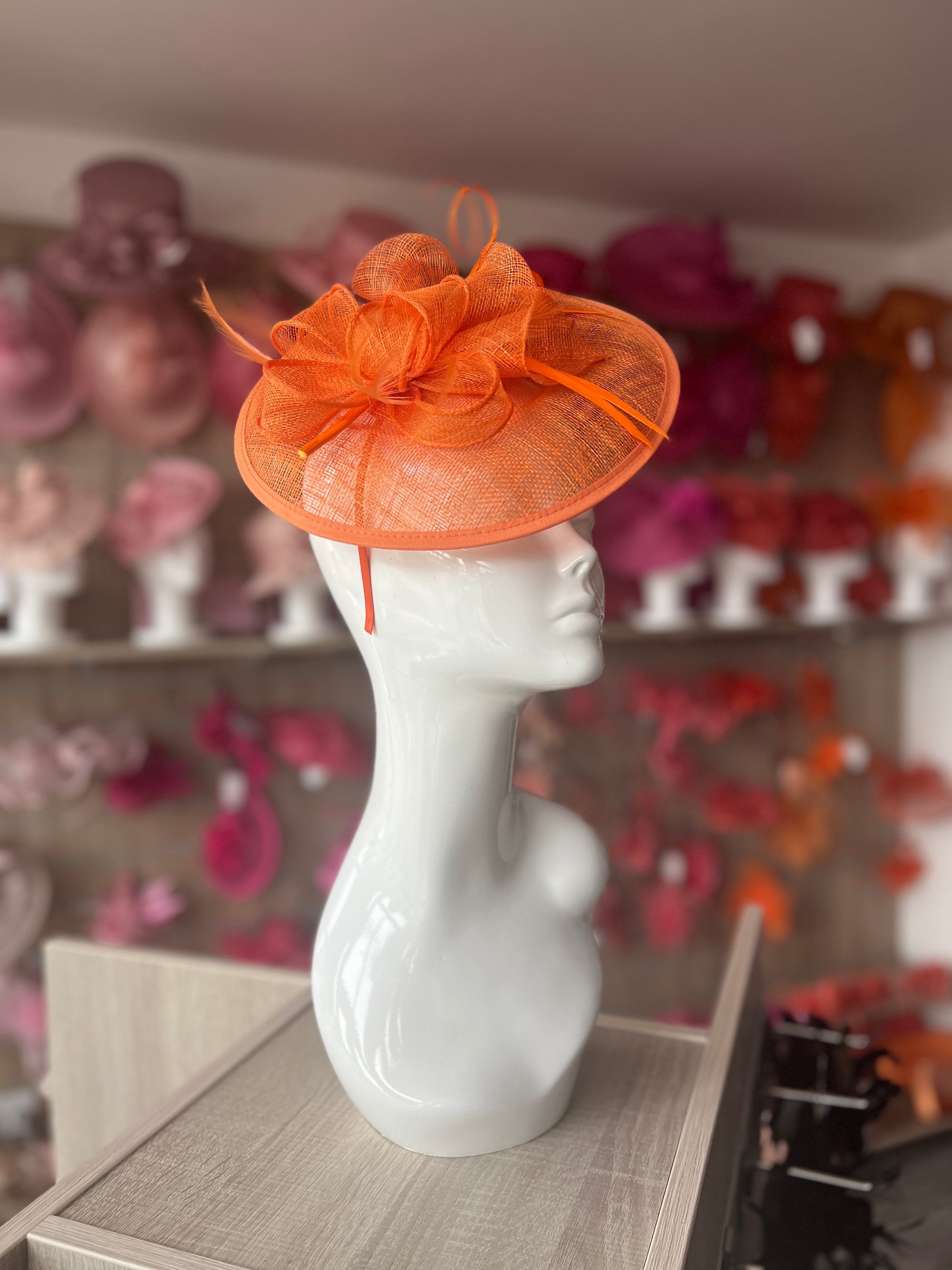 Orange Sinamay Petunia Flower Fascinator With A Saucer Base-Fascinators Direct