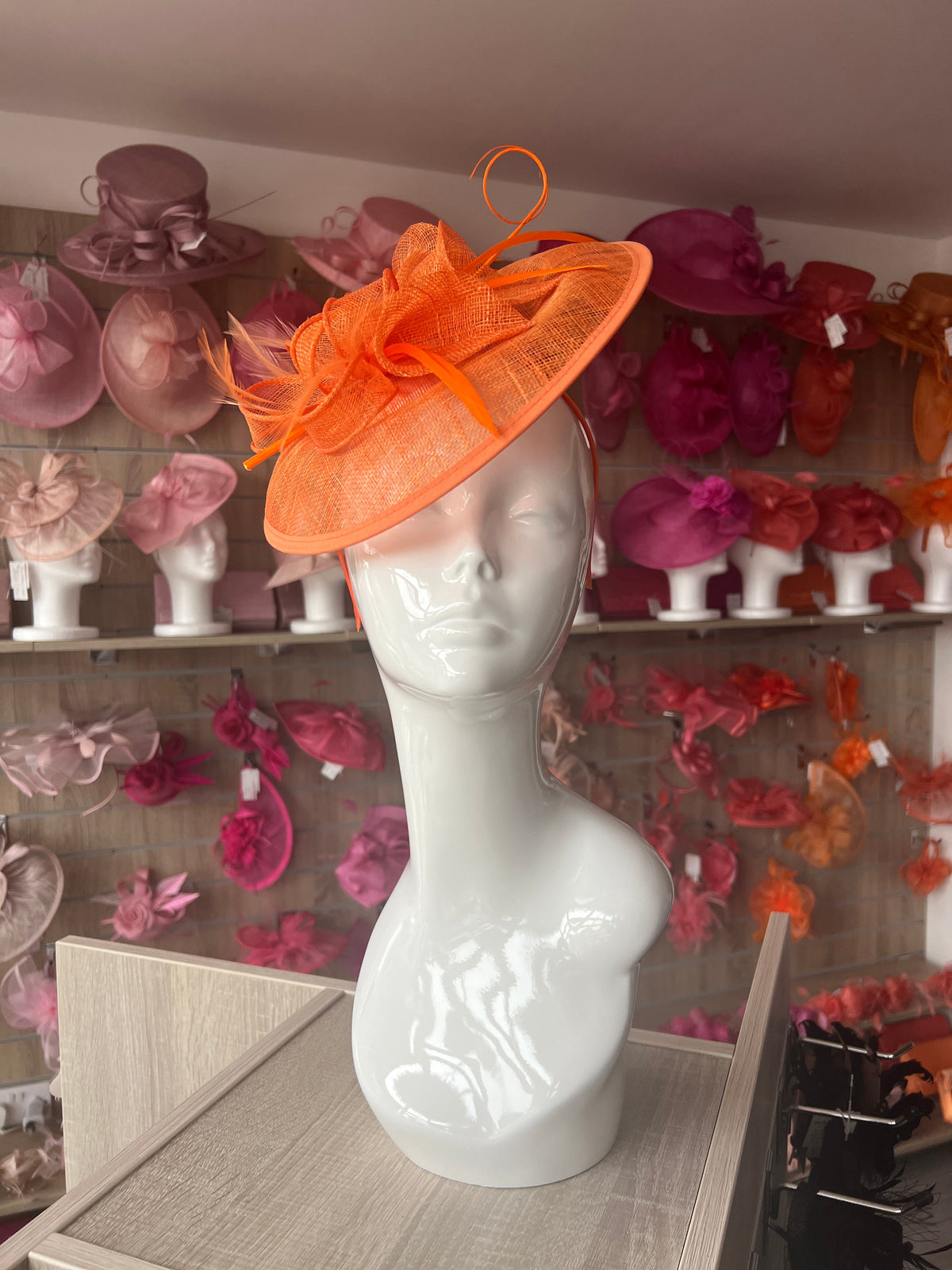 Orange Sinamay Petunia Flower Fascinator With A Saucer Base-Fascinators Direct