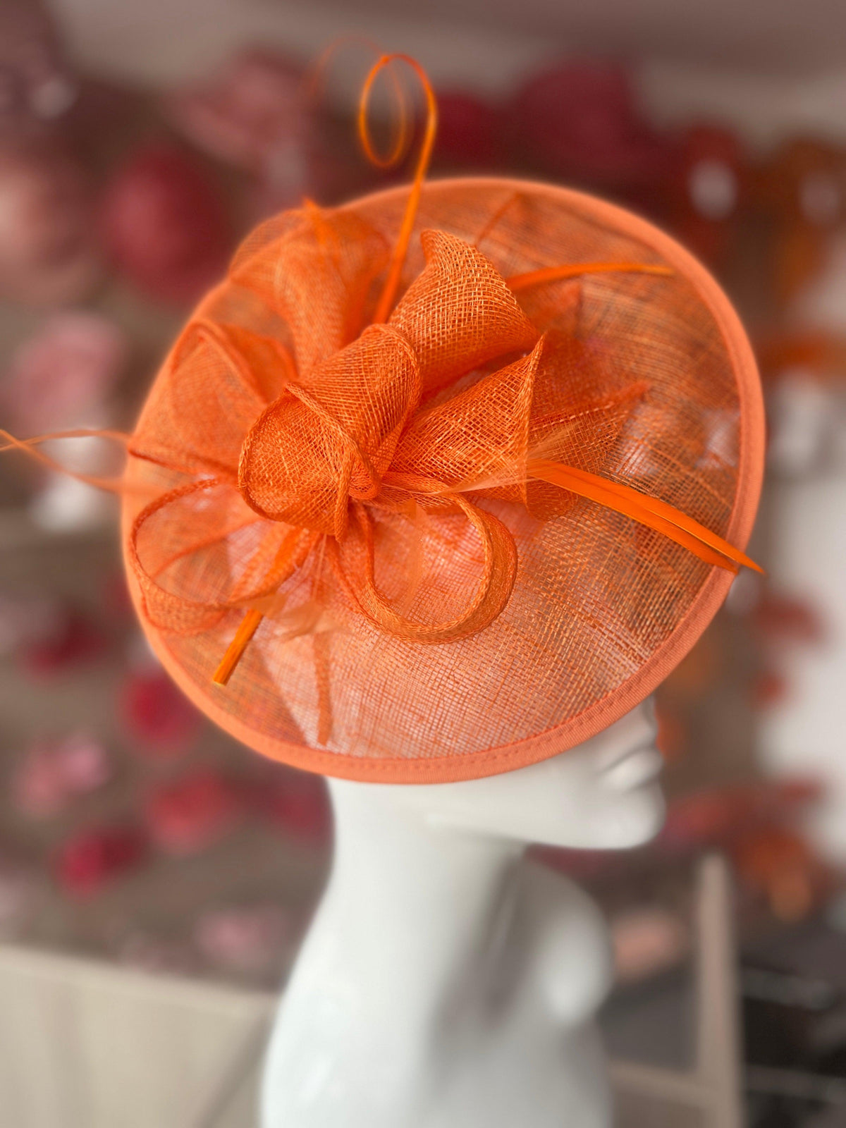Orange Sinamay Petunia Flower Fascinator With A Saucer Base-Fascinators Direct