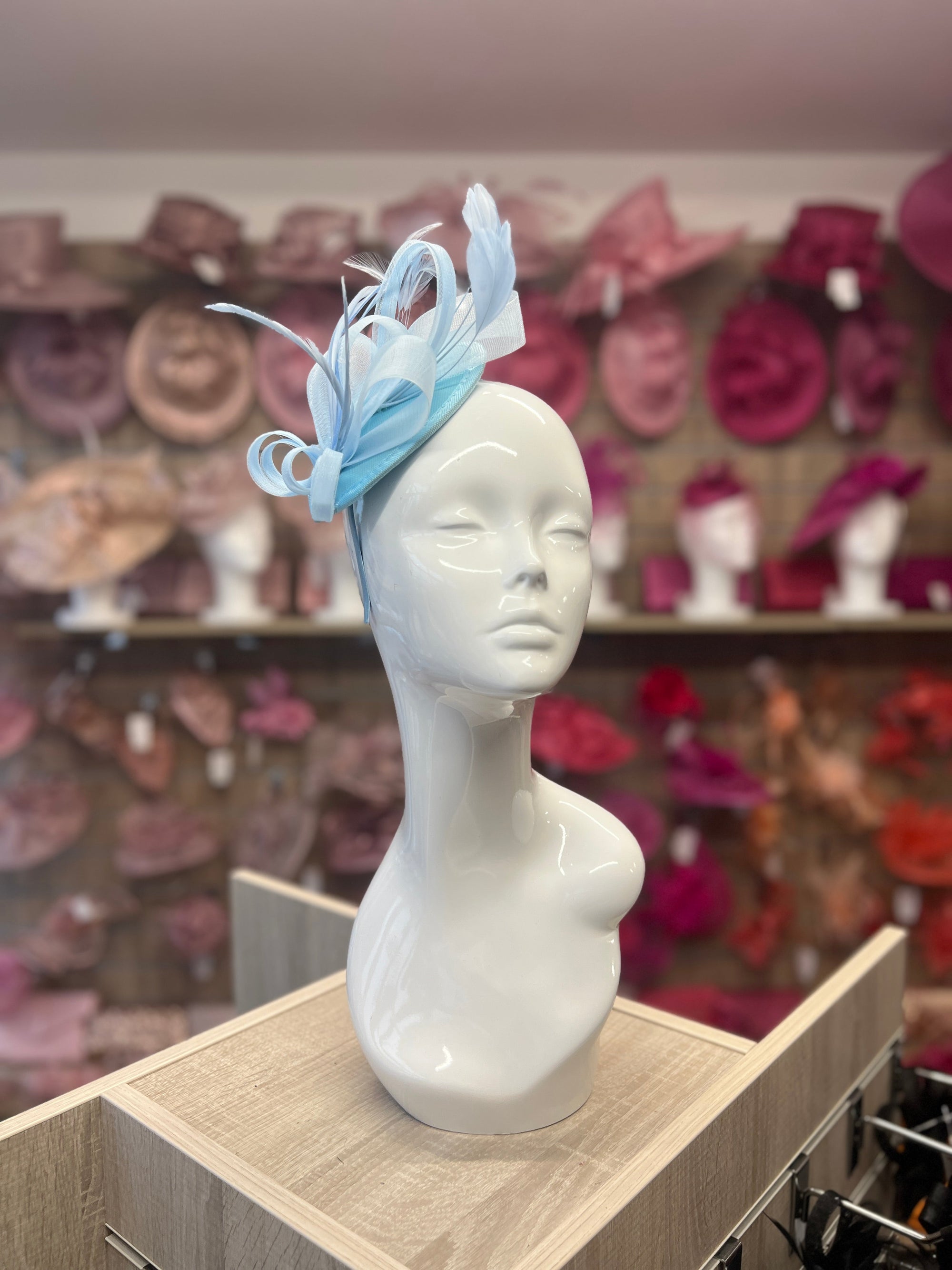 PALE BLUE FASCINATOR HEADBAND WITH LOOPED CRIN & FEATHERS-Fascinators Direct