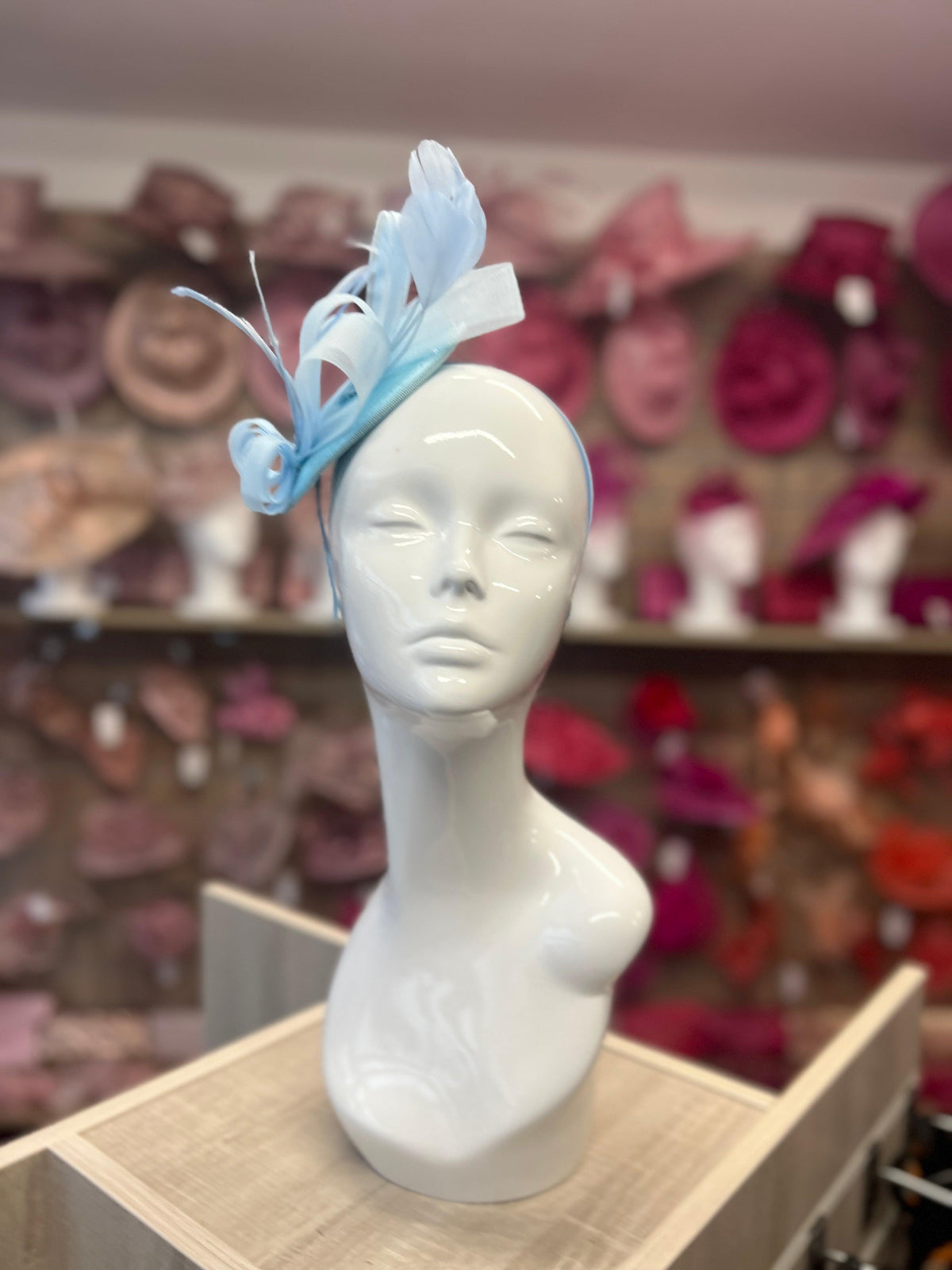 PALE BLUE FASCINATOR HEADBAND WITH LOOPED CRIN &amp; FEATHERS-Fascinators Direct
