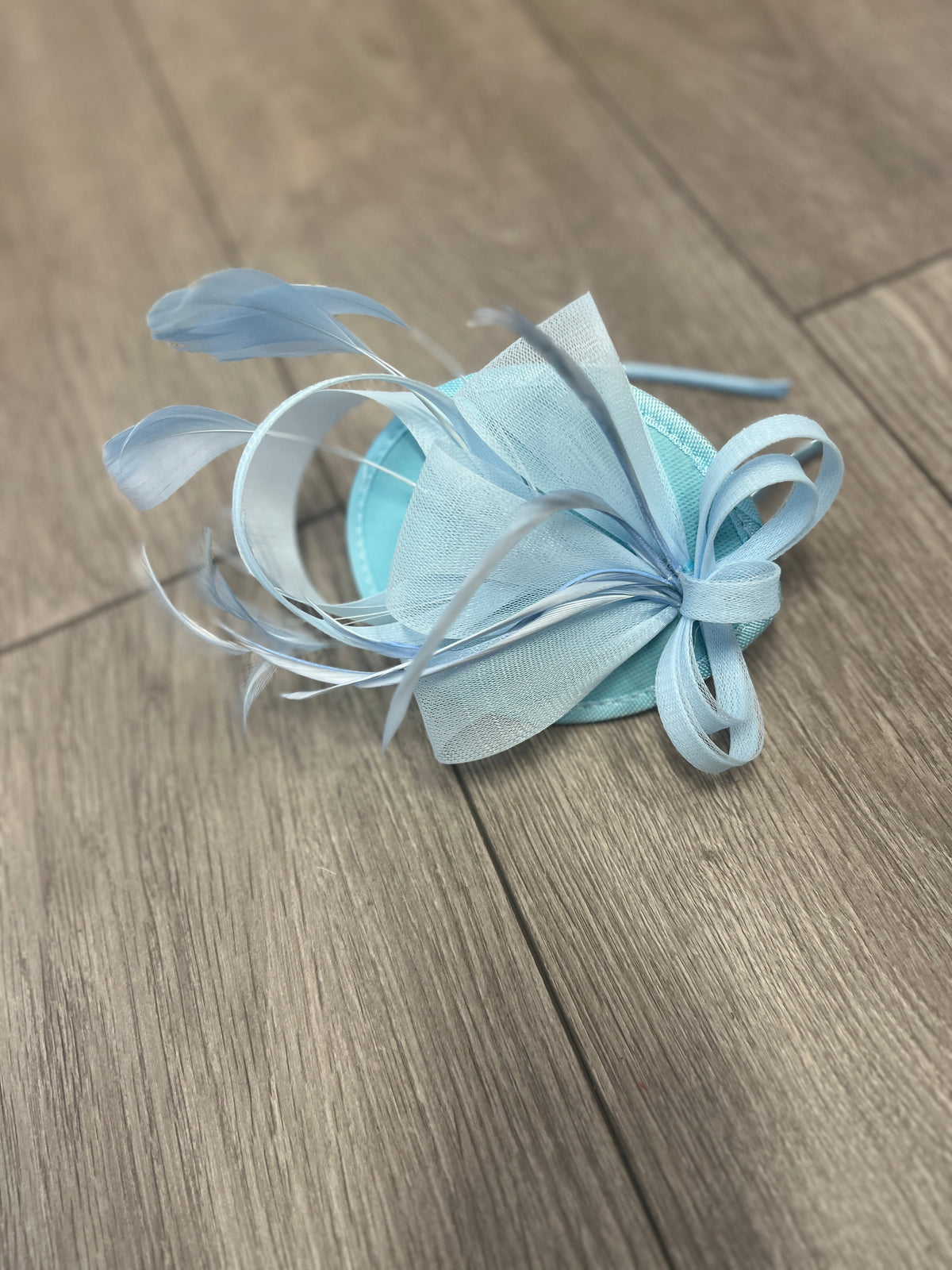 PALE BLUE FASCINATOR HEADBAND WITH LOOPED CRIN &amp; FEATHERS-Fascinators Direct