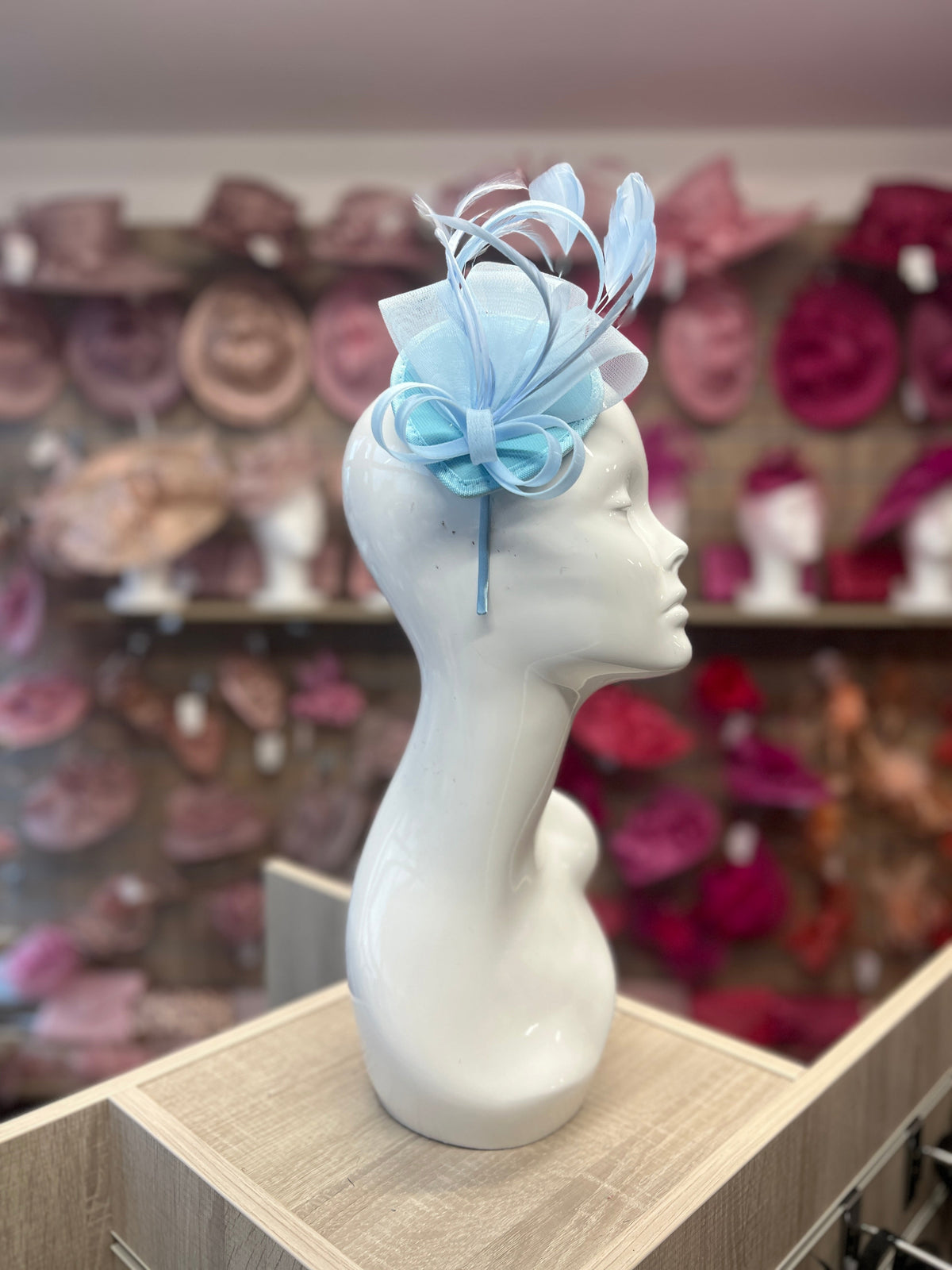PALE BLUE FASCINATOR HEADBAND WITH LOOPED CRIN &amp; FEATHERS-Fascinators Direct