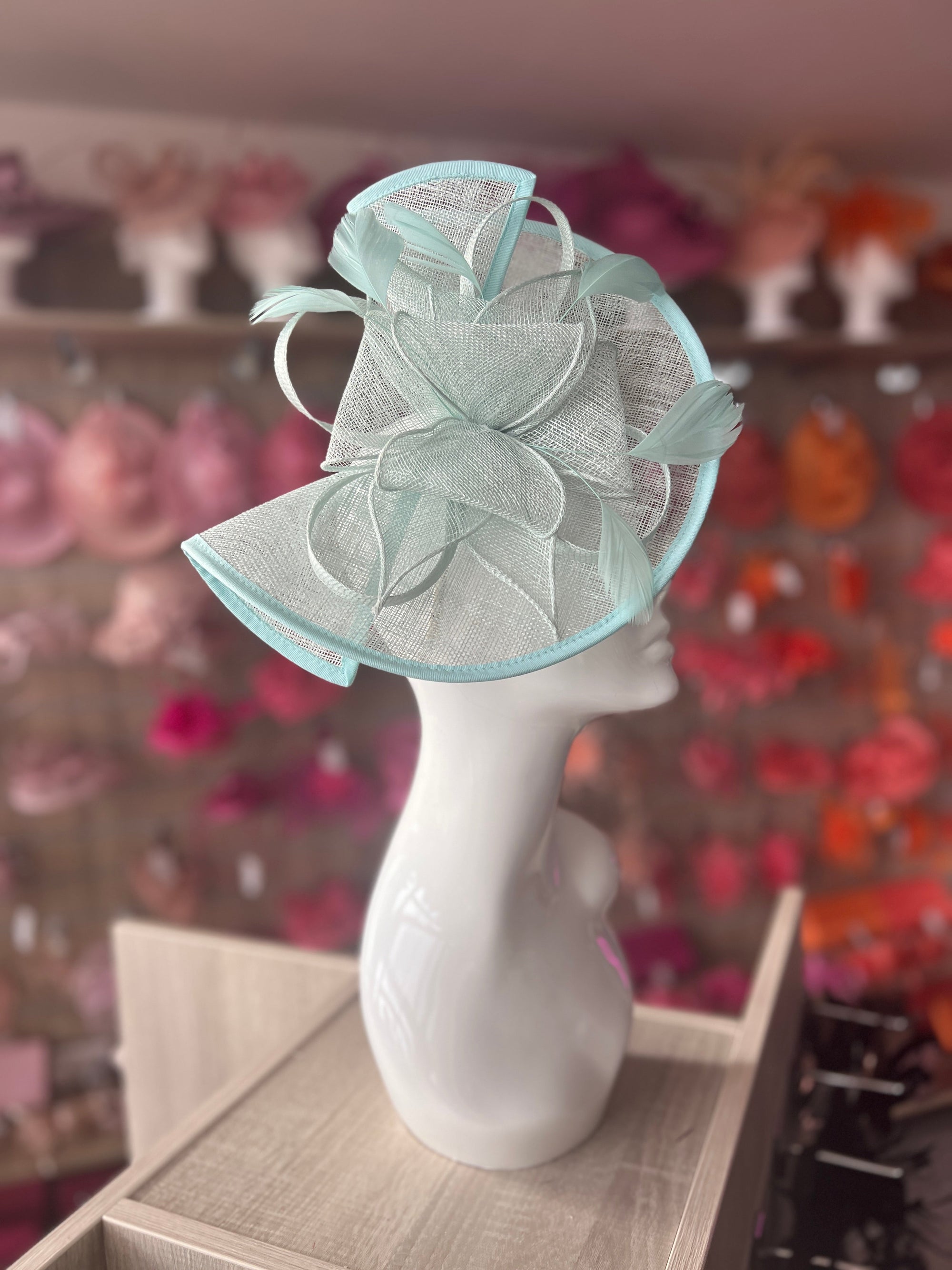 Pale Blue Asymmetric Disc Fascinator With Feathers-Fascinators Direct