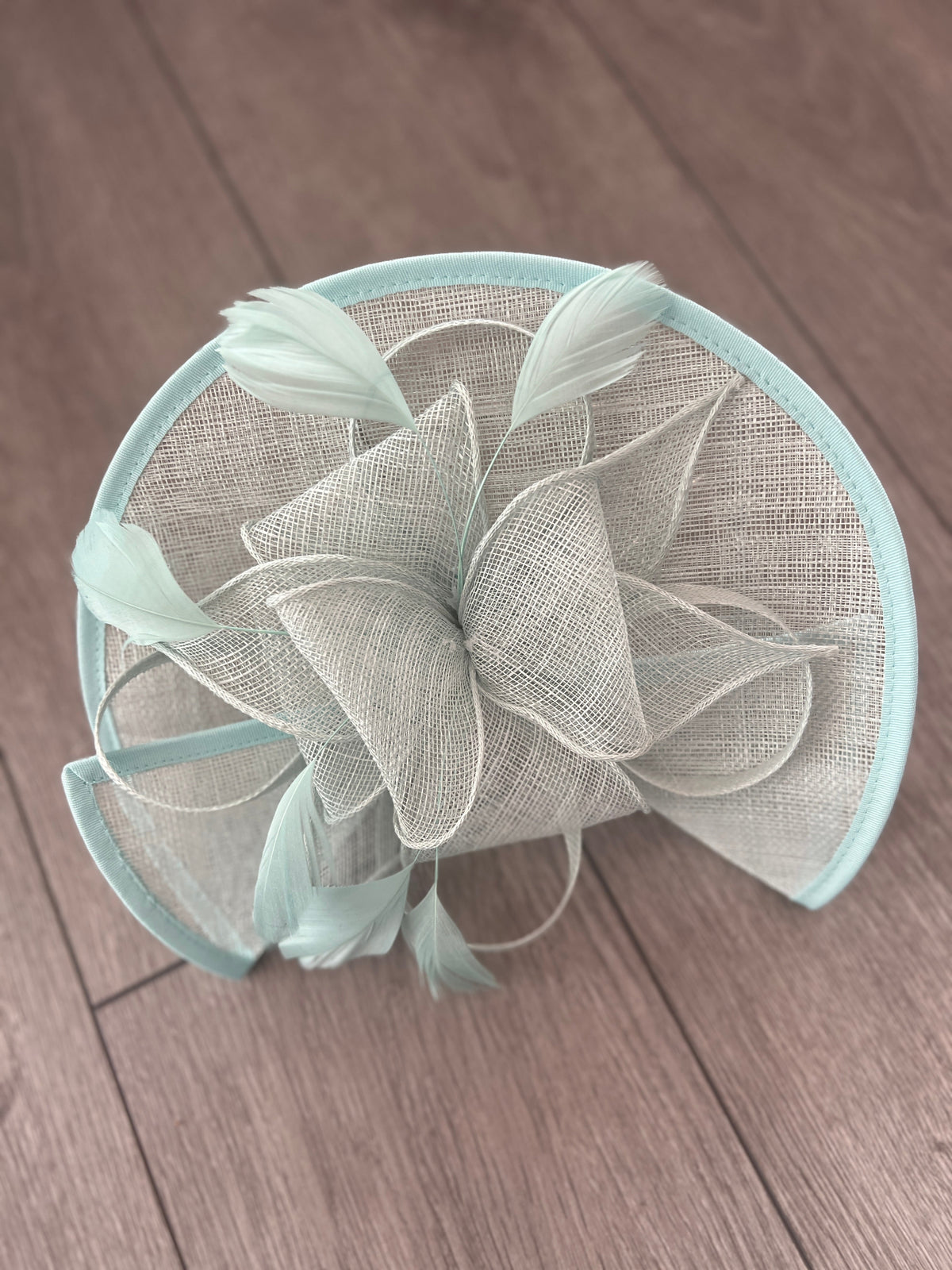Pale Blue Asymmetric Disc Fascinator With Feathers-Fascinators Direct