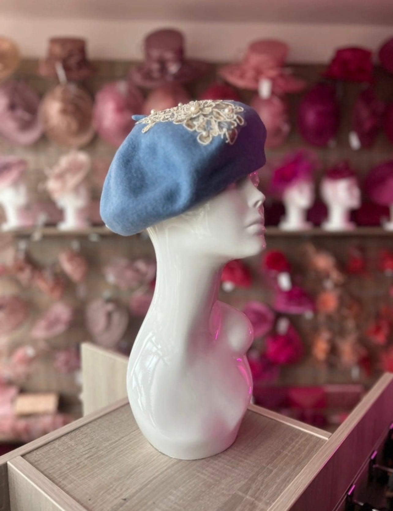 Pale Blue Beret Hat With Lace & Pearls Detail-Fascinators Direct