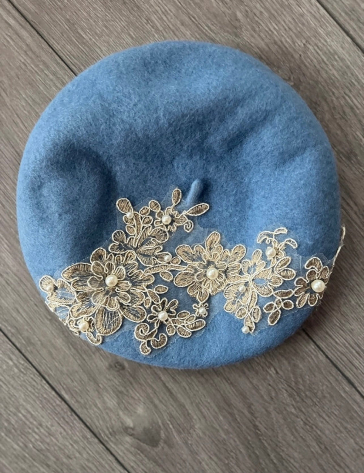Pale Blue Beret Hat With Lace &amp; Pearls Detail-Fascinators Direct