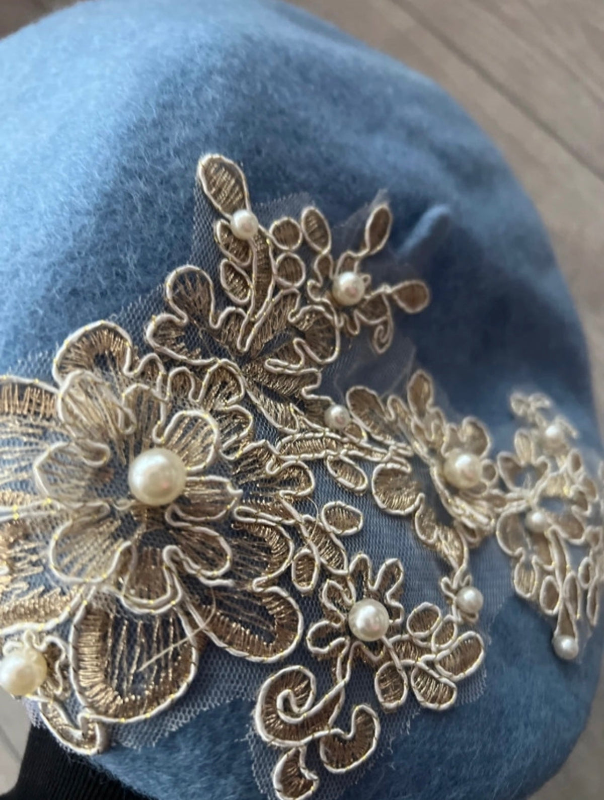 Pale Blue Beret Hat With Lace &amp; Pearls Detail-Fascinators Direct