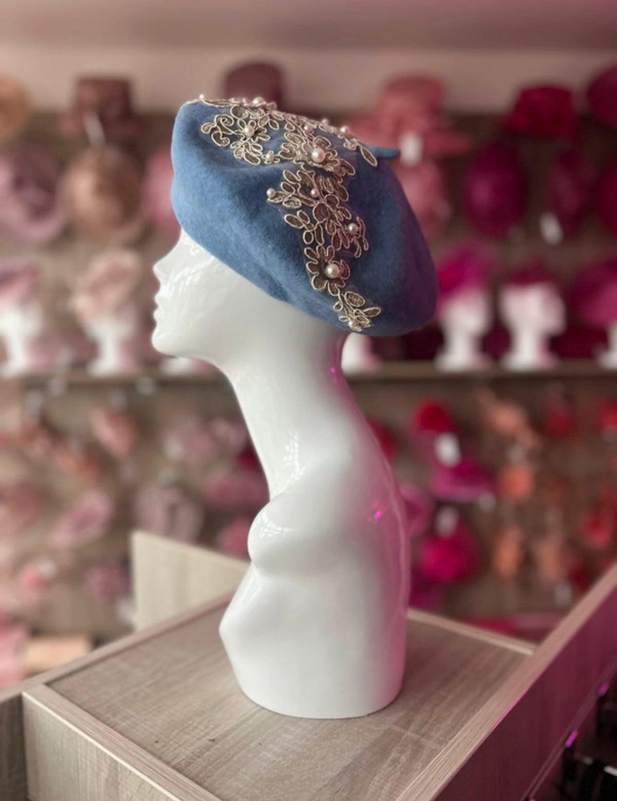 Pale Blue Beret Hat With Lace &amp; Pearls Detail-Fascinators Direct