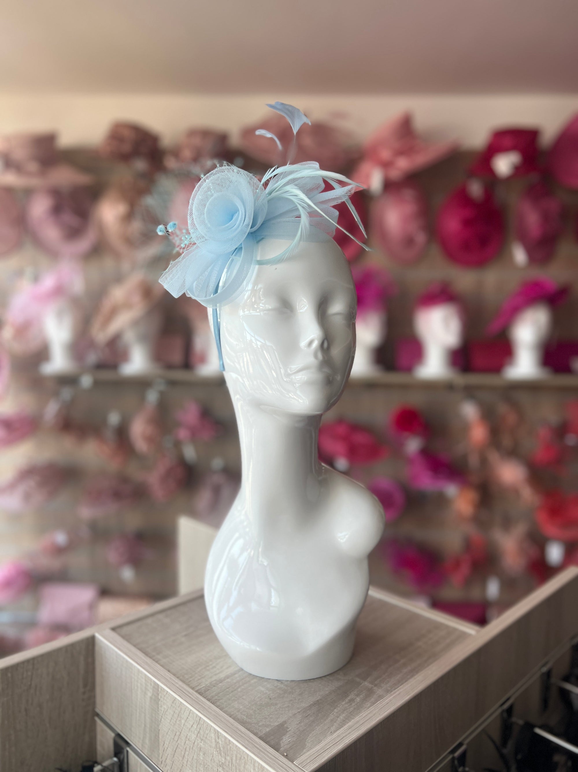 Pale Blue Crinoline Fascinator with Beads, Loops & Netting-Fascinators Direct