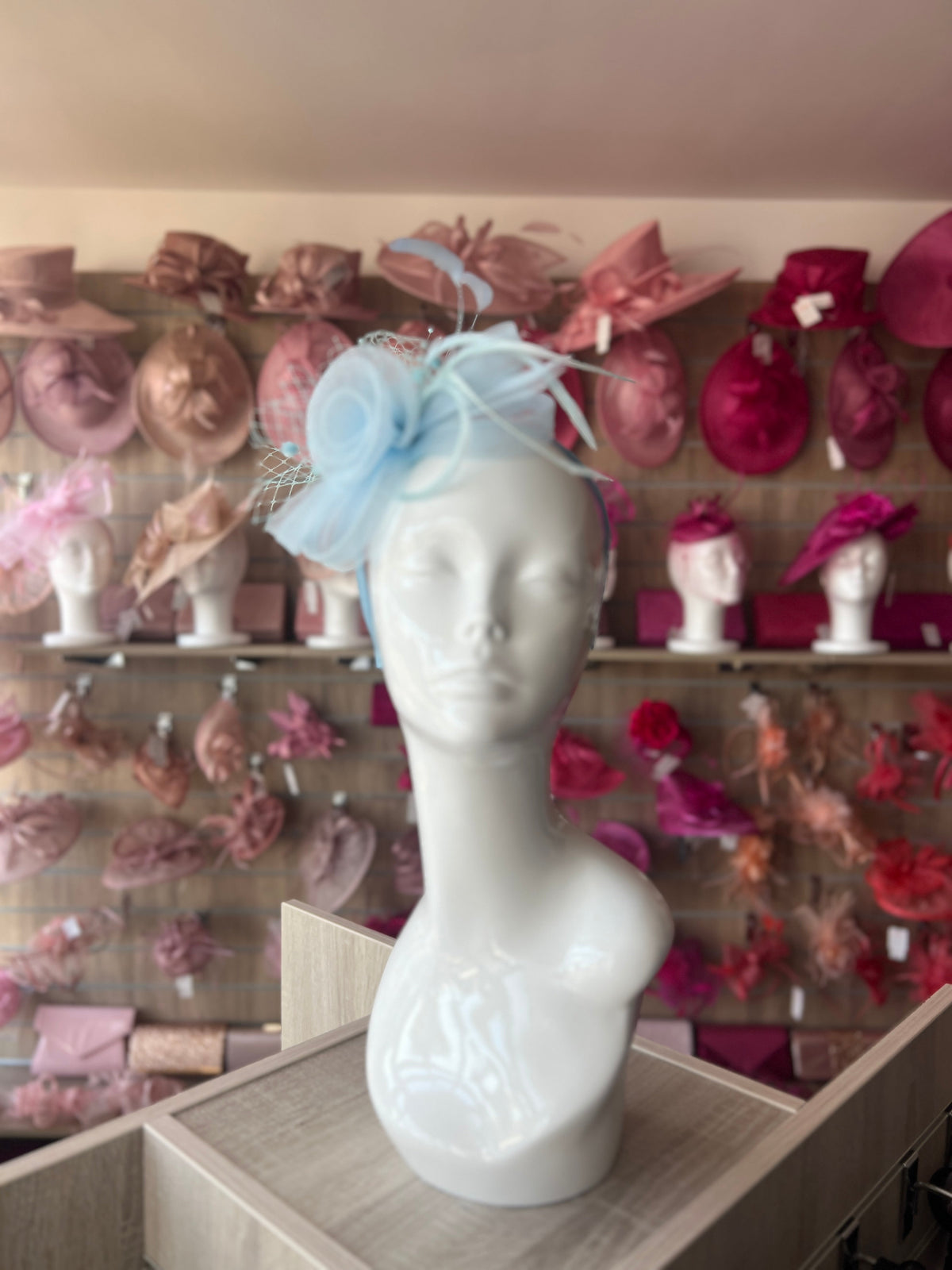 Pale Blue Crinoline Fascinator with Beads, Loops &amp; Netting-Fascinators Direct