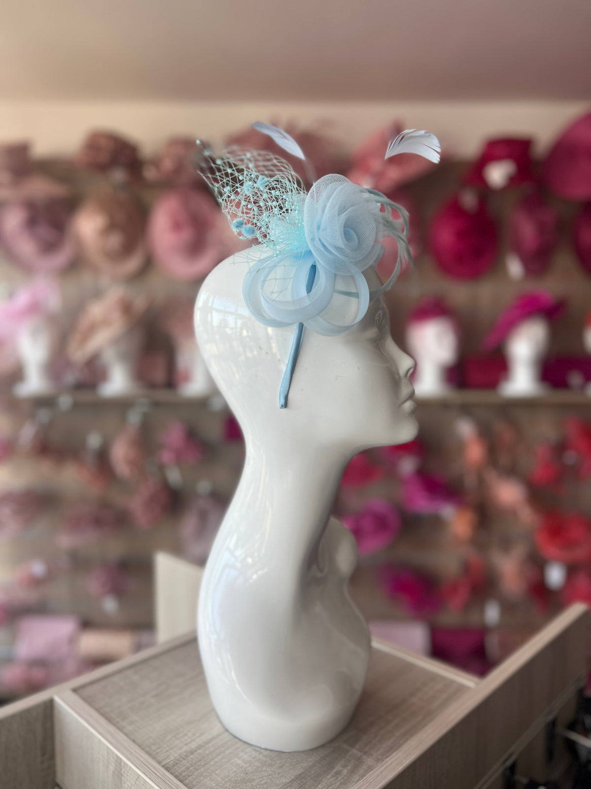 Pale Blue Crinoline Fascinator with Beads, Loops &amp; Netting-Fascinators Direct