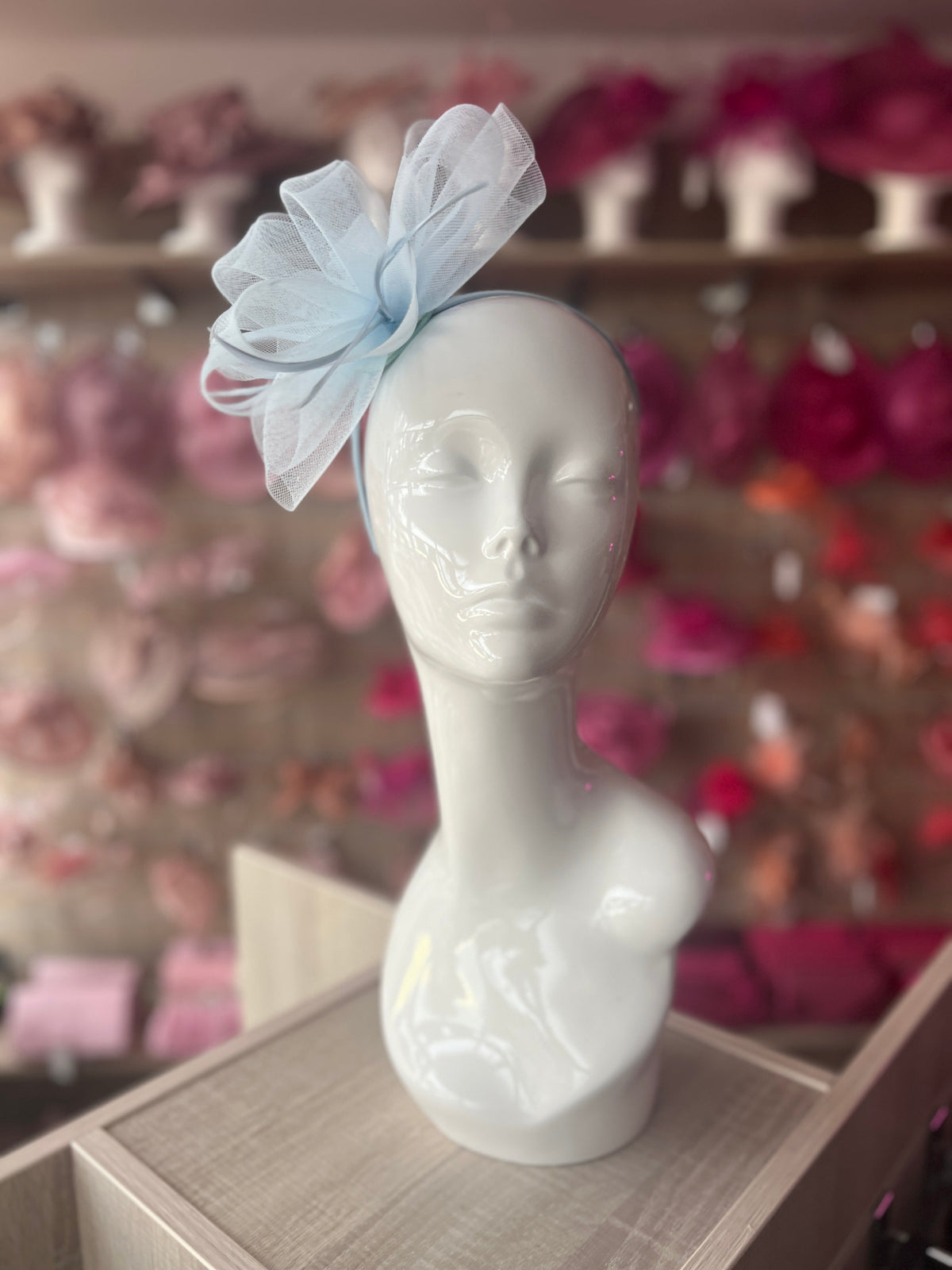 Pale Blue Diamante Fascinator With Ruched Crinoline &amp; Feathers-Fascinators Direct