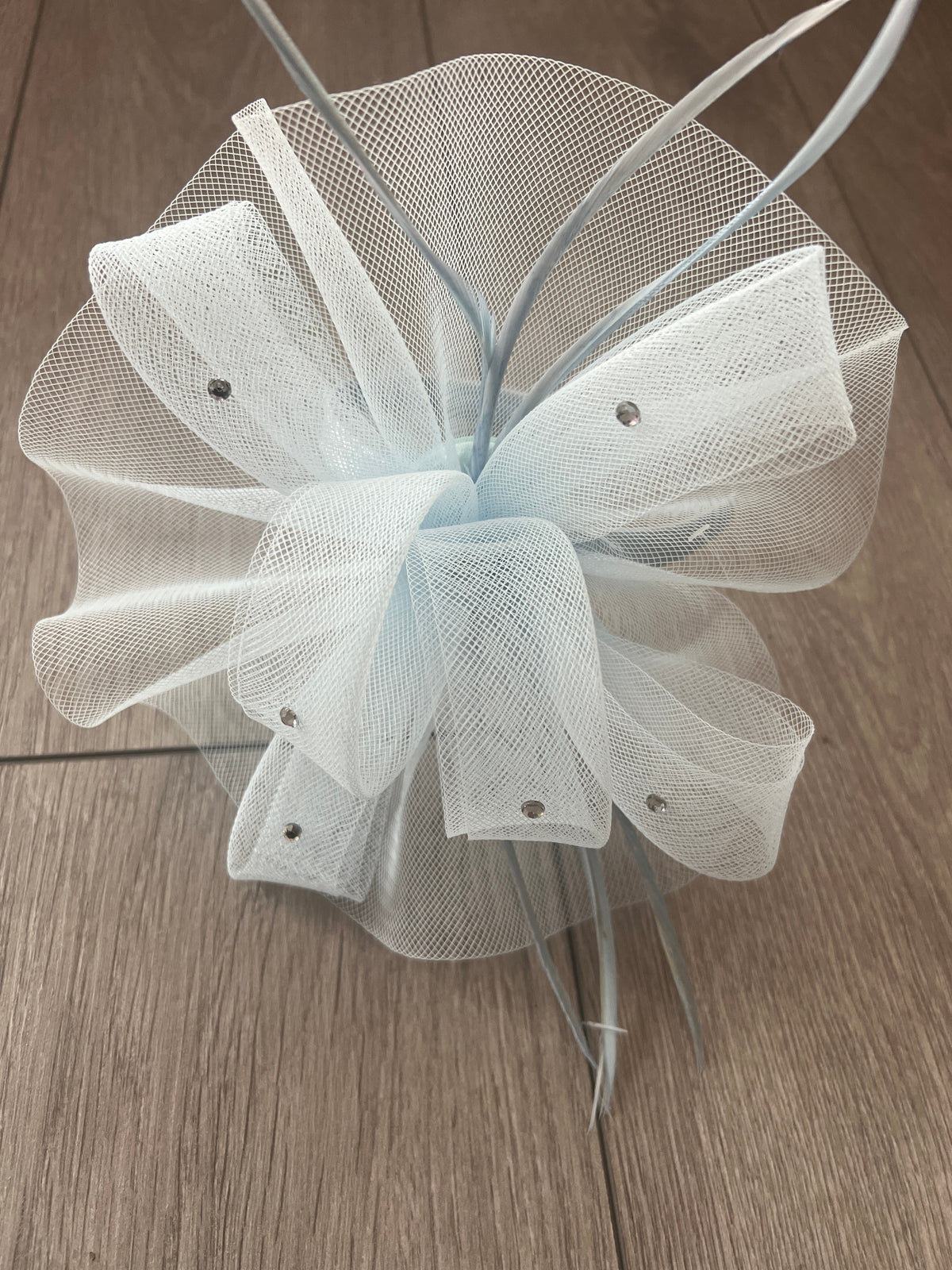 Pale Blue Diamante Fascinator With Ruched Crinoline &amp; Feathers-Fascinators Direct