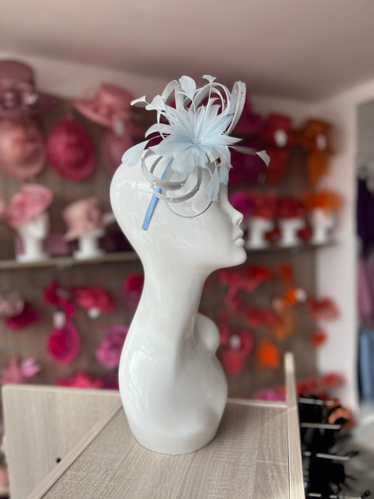 Pale Blue Fascinator With Diamanté Loops &amp; Flower-Fascinators Direct