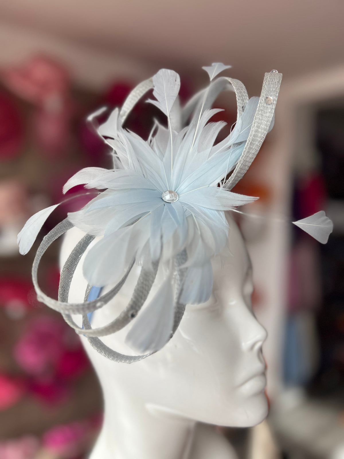 Pale Blue Fascinator With Diamanté Loops &amp; Flower-Fascinators Direct